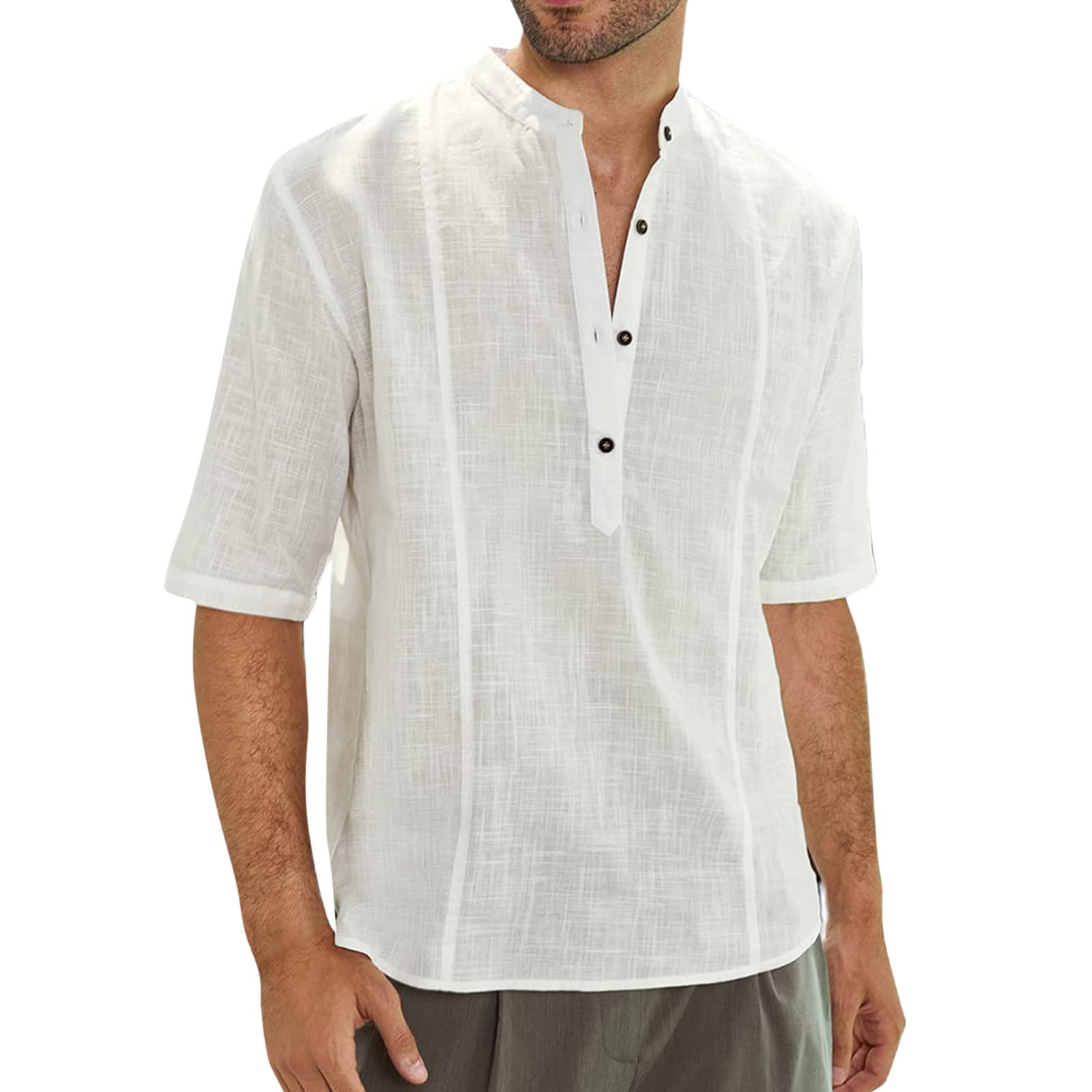 Men's Summer Casual Short Sleeve Button Down Shirt - Solid Color Big & Tall Fashion Top with Stand Collar - Perfect for Office, Beach Outings and Summer Travel