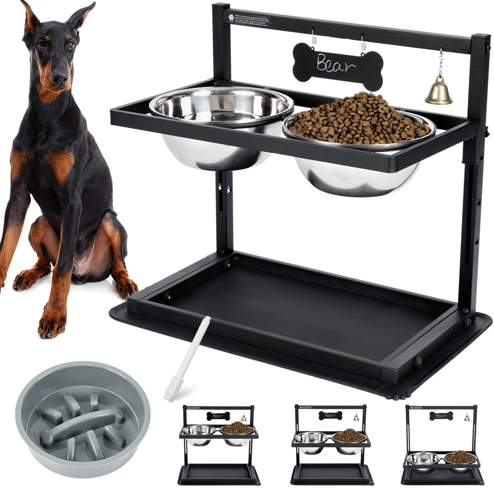 **Slow Feeder Elevated Dog Bowls for Large & Medium Dogs - Adjustable Height Raised Dog Food Bowls with 2 Stainless Steel Bowls & Spill-Proof Mat (Grey) - Perfect for Messy Eaters & Joint Health Support**