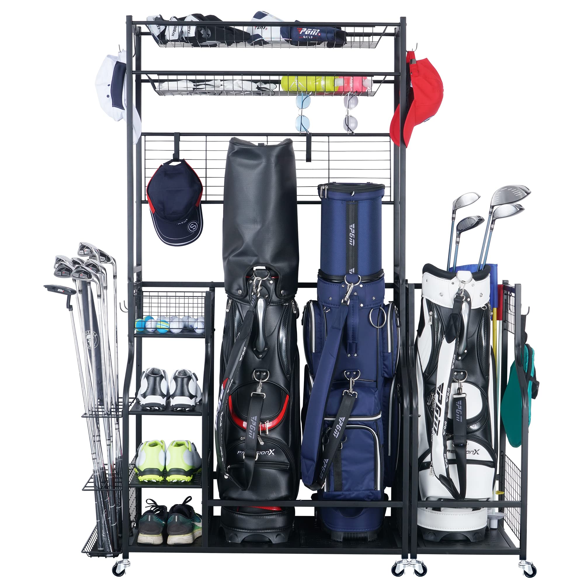 Mythinglogic Golf Bag Storage Stand - 2 Golf Bags Holder with 4 Removable Hooks & Accessories Organizer - Perfect for Garage, Basement, or Clubhouse Storage - Keep Golf Clubs & Equipment Neatly Displayed