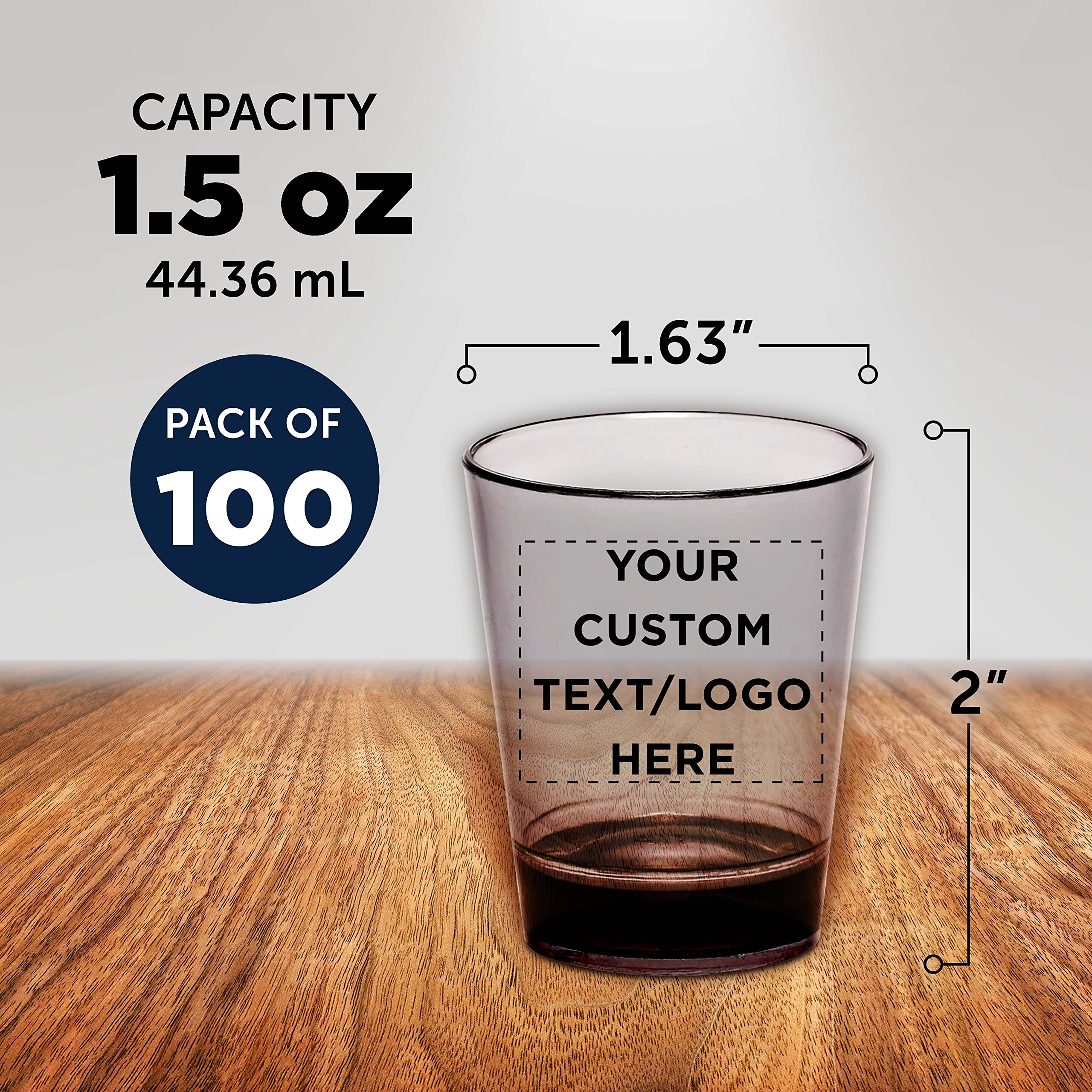 Custom Translucent Plastic Shot Glasses 1.5 oz (100-Pack) - Personalized Acrylic Party Cups for Wedding, Birthday, Bar Events & Bulk Gifts - Charcoal Color - Perfect for Cocktail Parties, Bachelorette & Tailgating