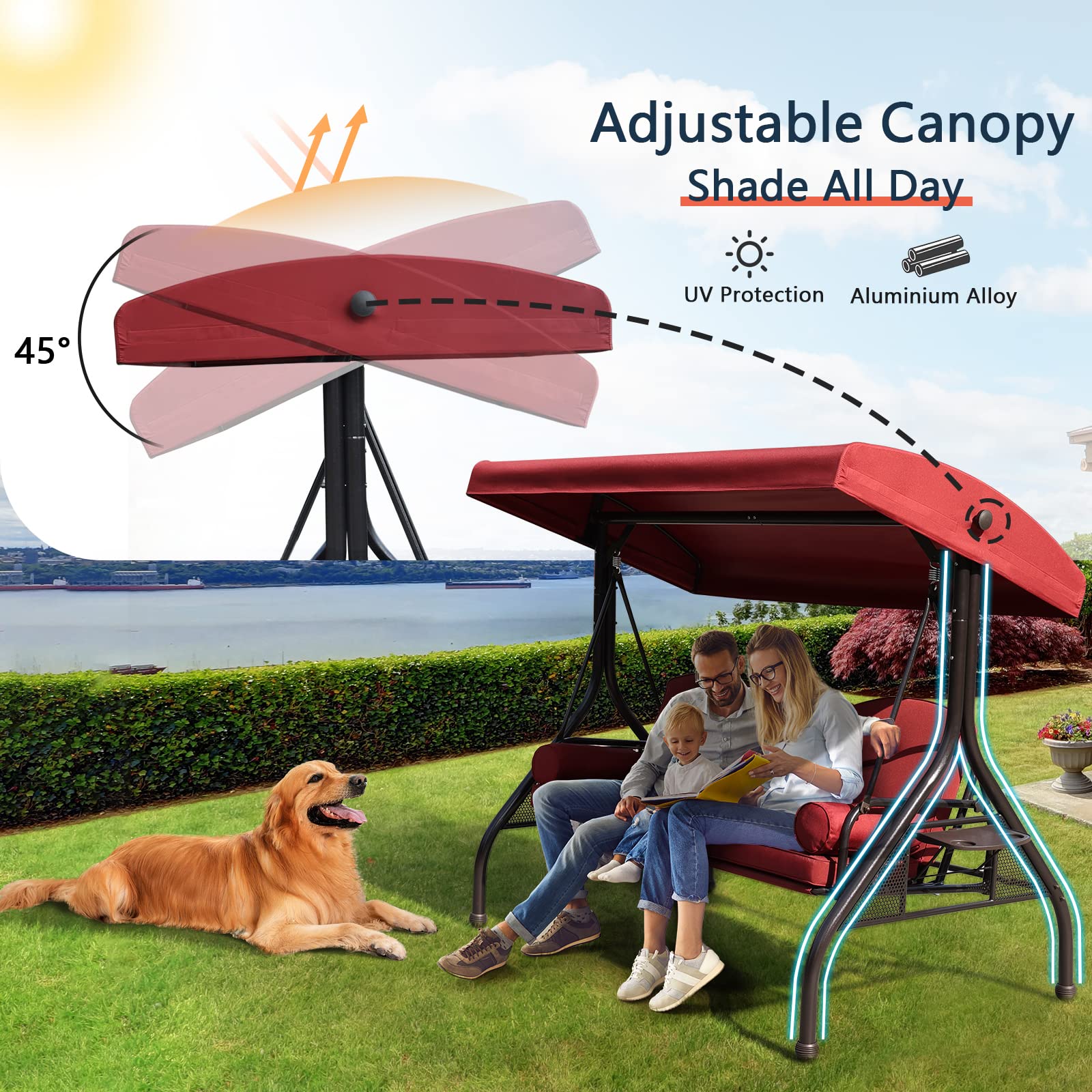 NOBLEMOOD 3-Seat Outdoor Patio Swing with Adjustable Canopy - Waterproof Cushion & Foldable Side Tray - Perfect for Backyard, Garden, Porch Relaxation - Ideal for Spring & Summer Outdoor Lounging