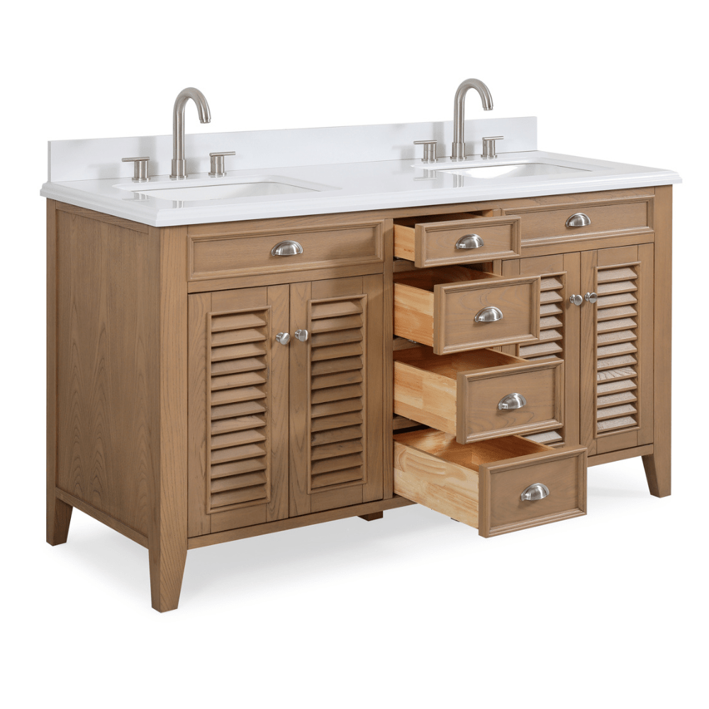 60 Inch Modern Double Sink Wooden Bathroom Vanity with White Quartz Countertop - Perfect for Master Bathroom Renovation and Luxury Home Decor