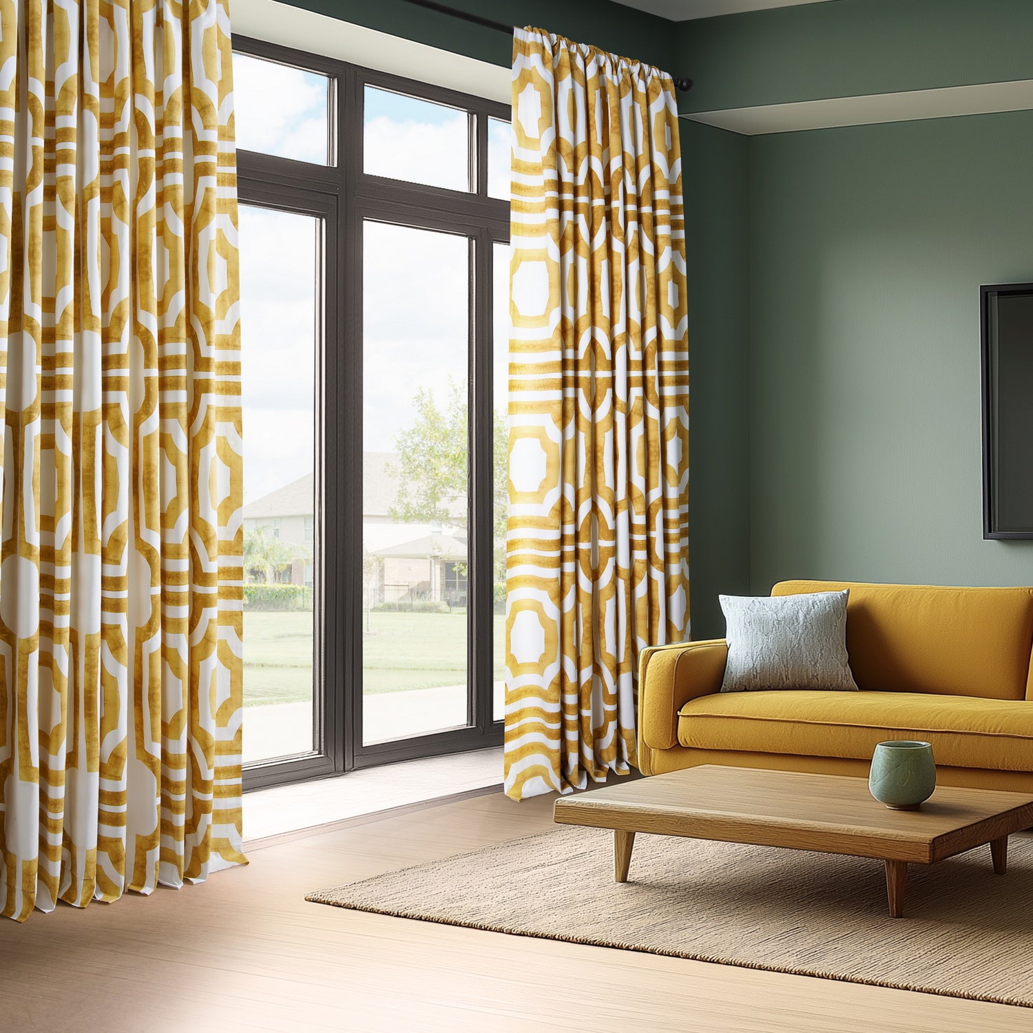 Mecca Gold Geometric Print Cotton Custom Curtains for Living Room & Bedroom - Stylish Window Treatment for Modern Home Decor