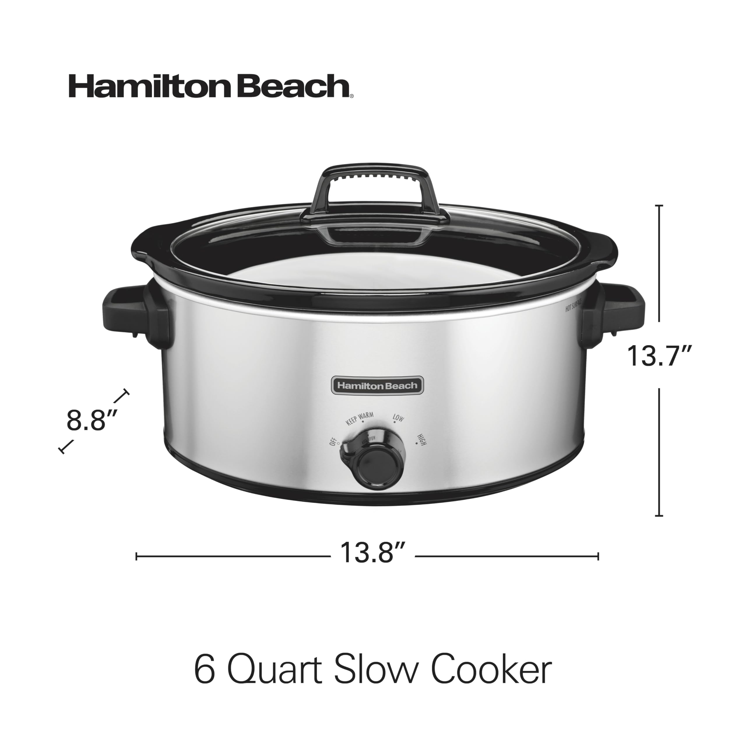 Hamilton Beach 6-Quart Slow Cooker with 3 Cooking Settings - Dishwasher-Safe Stoneware Crock & Glass Lid - Silver (33665G) - Perfect for Family Dinners, Potlucks & Meal Prep