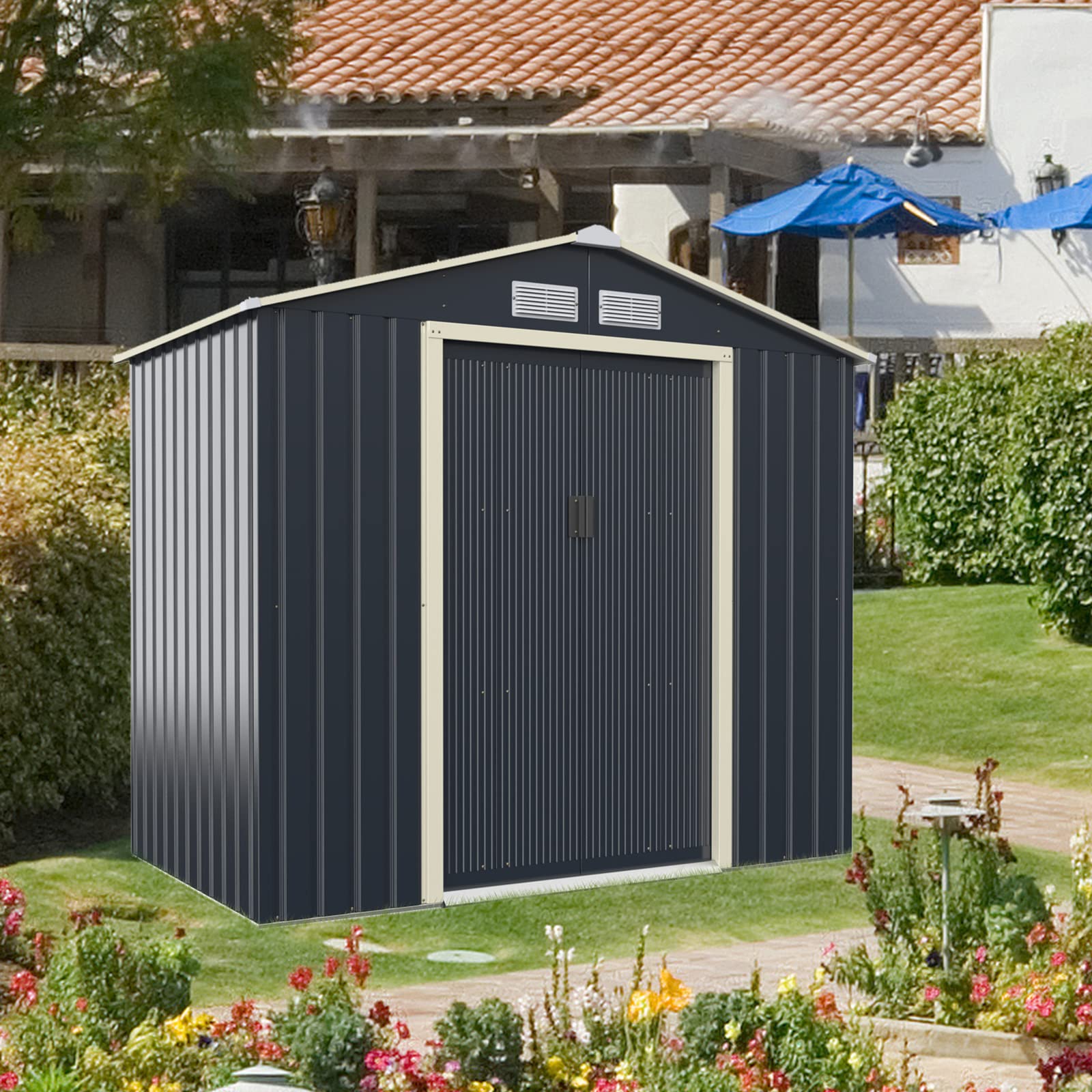 IRONMAX 7x4 FT Heavy Duty Outdoor Storage Shed - Galvanized Steel Garden Shed with Double Sliding Doors & Air Vent - Perfect for Lawn Mowers, Tools, Bikes & Backyard Equipment - Ideal for Patio, Lawn & Garden Storage Organization