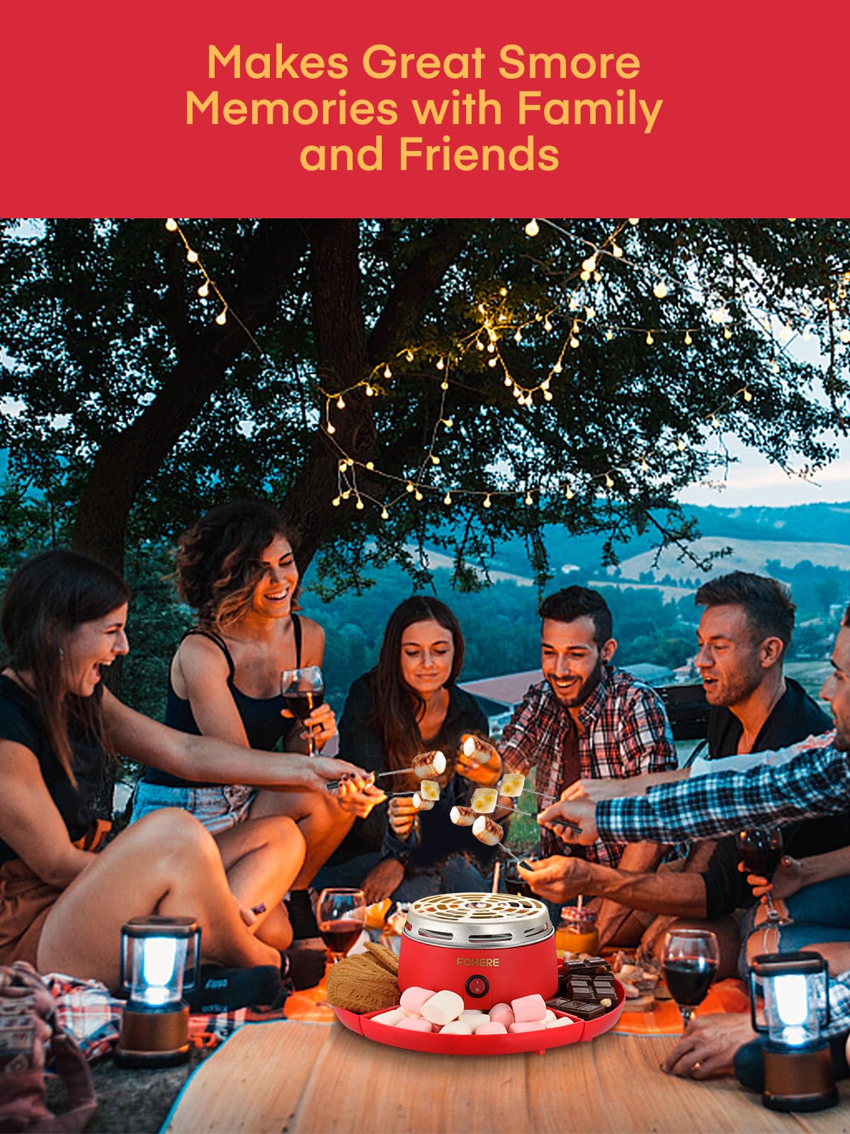 FOHERE Electric Smores Maker Indoor Flameless Marshmallow Roaster with 4 Detachable Trays & 4 Roasting Forks - Perfect for Movie Nights, Camping at Home, Housewarming Gifts & Family Gatherings (Red)