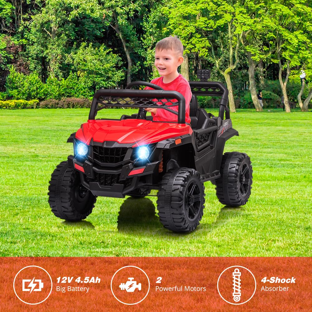 12V Kids Ride On UTV with Remote Control - Electric Toy Car with Spring Suspension, LED Lights, FM Radio, AUX Port & USB Charger | Outdoor Play, Birthday Gifts for Boys & Girls (Red)
