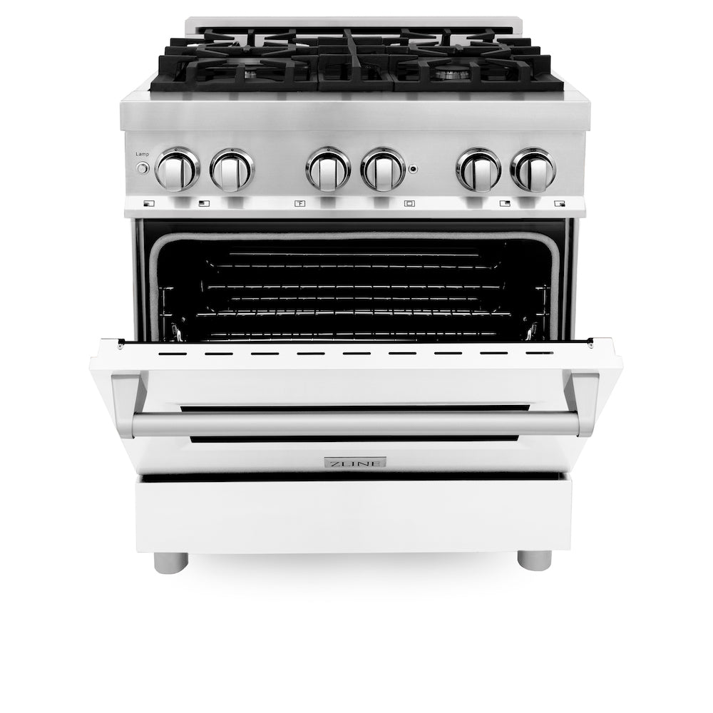 ZLINE 30-inch 4.0 cu. ft. Stainless Steel Dual Fuel Range with 4-Burner Gas Cooktop & Electric Convection Oven - White Matte Door (RA WM 30) - Perfect for Modern Kitchens, Home Chefs & Professional Cooking