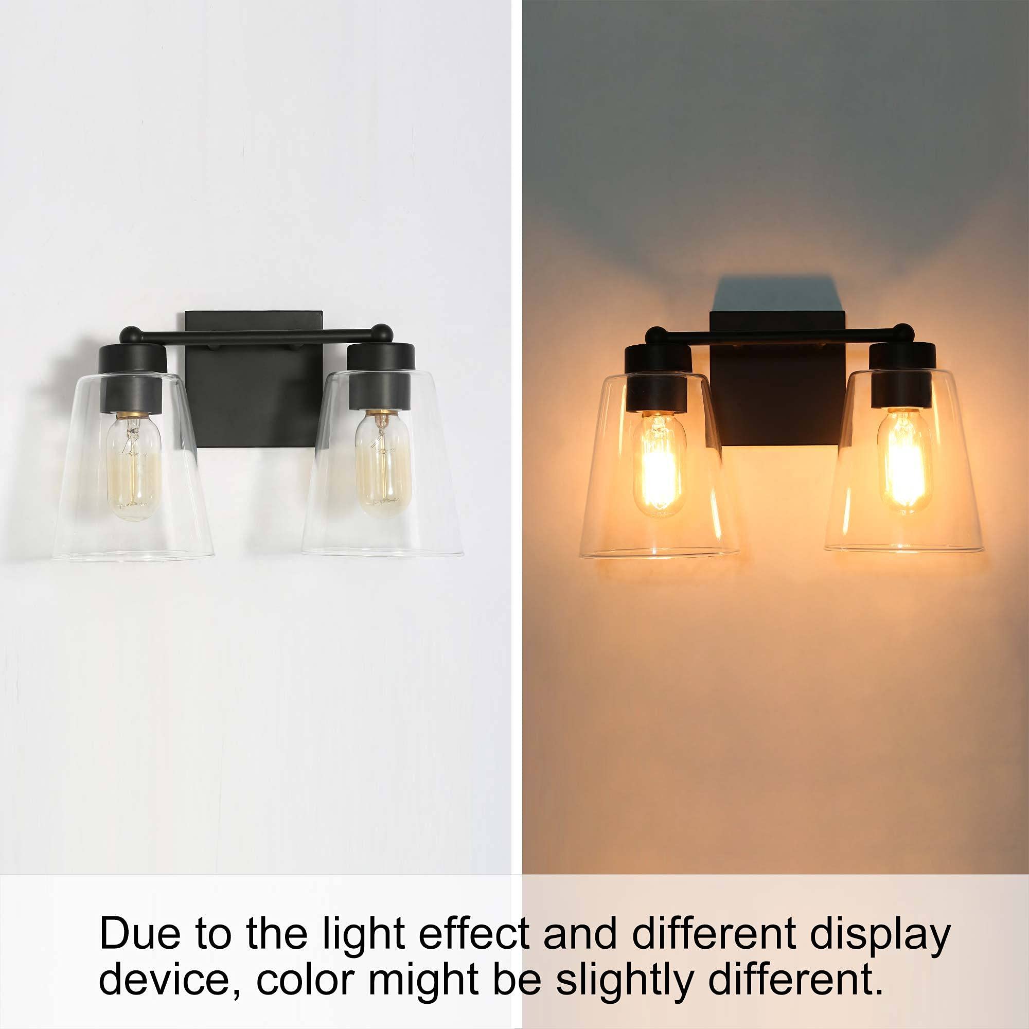 Black Farmhouse Bathroom Vanity Light Fixture - 2-Light Rustic Sconce with Clear Glass Shade (13