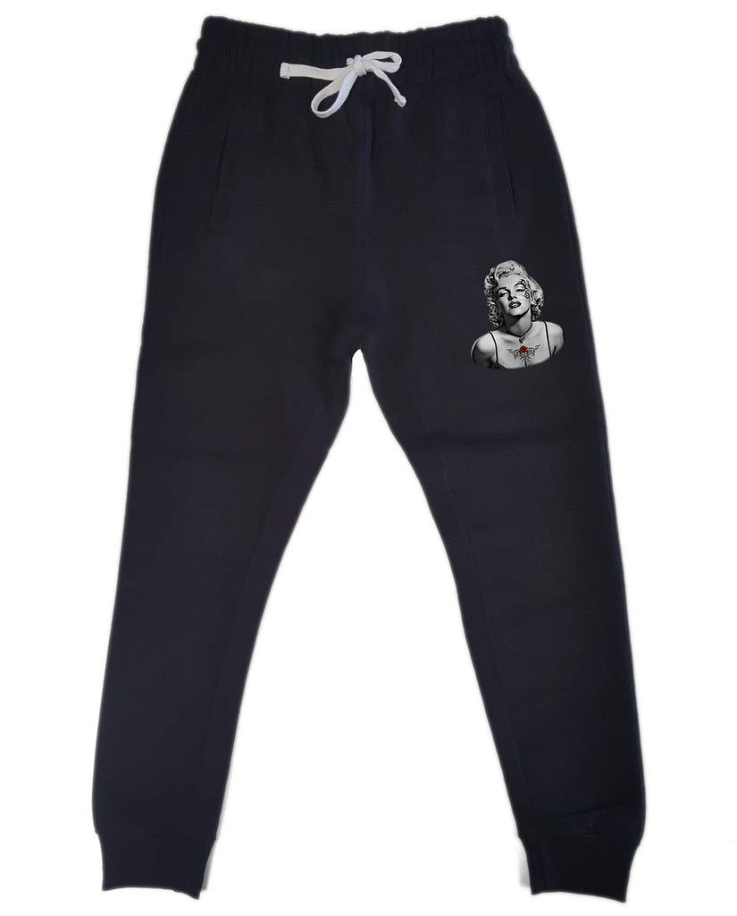 **Men's Marilyn Monroe Face Tattoo Print Black Fleece Jogger Sweatpants - Gym, Lounge & Casual Wear**