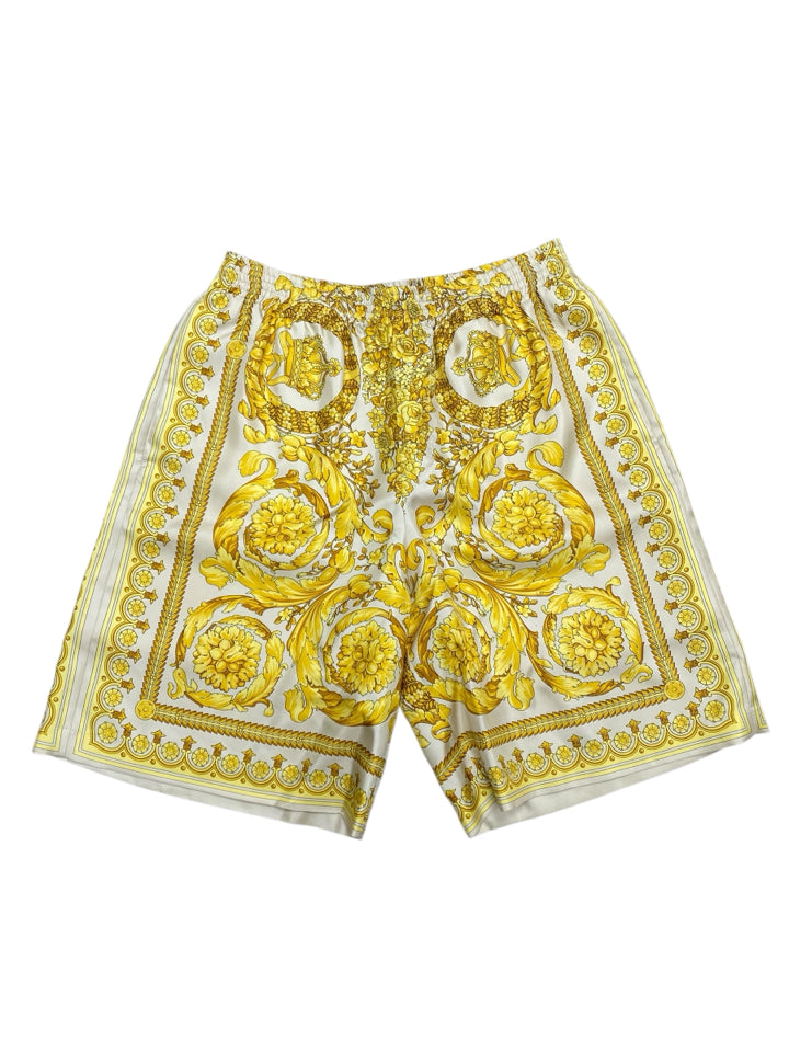 Versace Barocco Champagne Print Silk Shorts for Men - Size Small | Luxury Silk Shorts for Summer, Beach, and Casual Wear