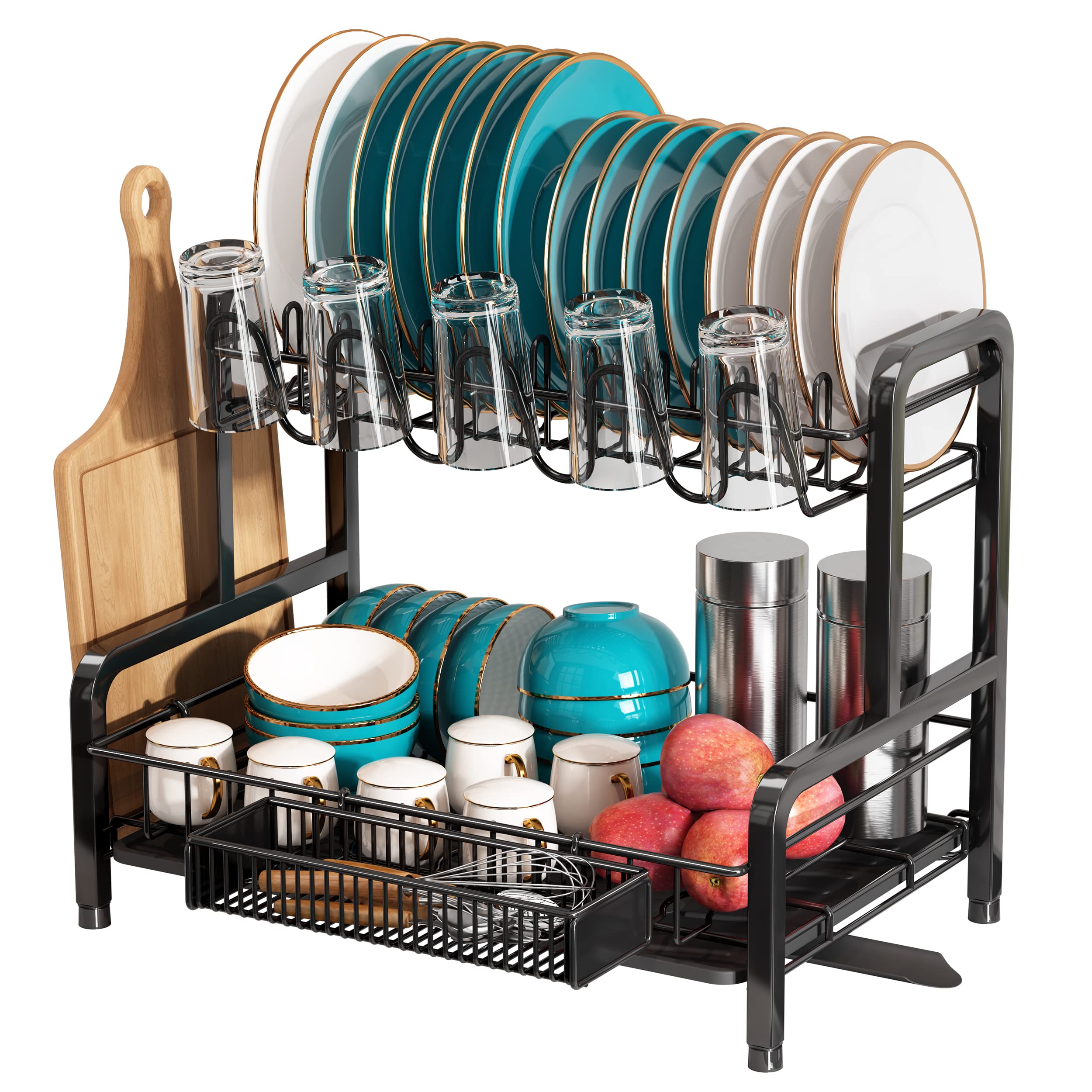 Romision 2-Tier Stainless Steel Dish Drying Rack with Drainboard - Large Kitchen Sink Organizer with Cup Holder & Utensil Holder - Space-Saving Countertop Dish Strainer for Small Kitchens (Black) - Perfect for Drying Dishes, Organizing Utensils & Maximizing Counter Space