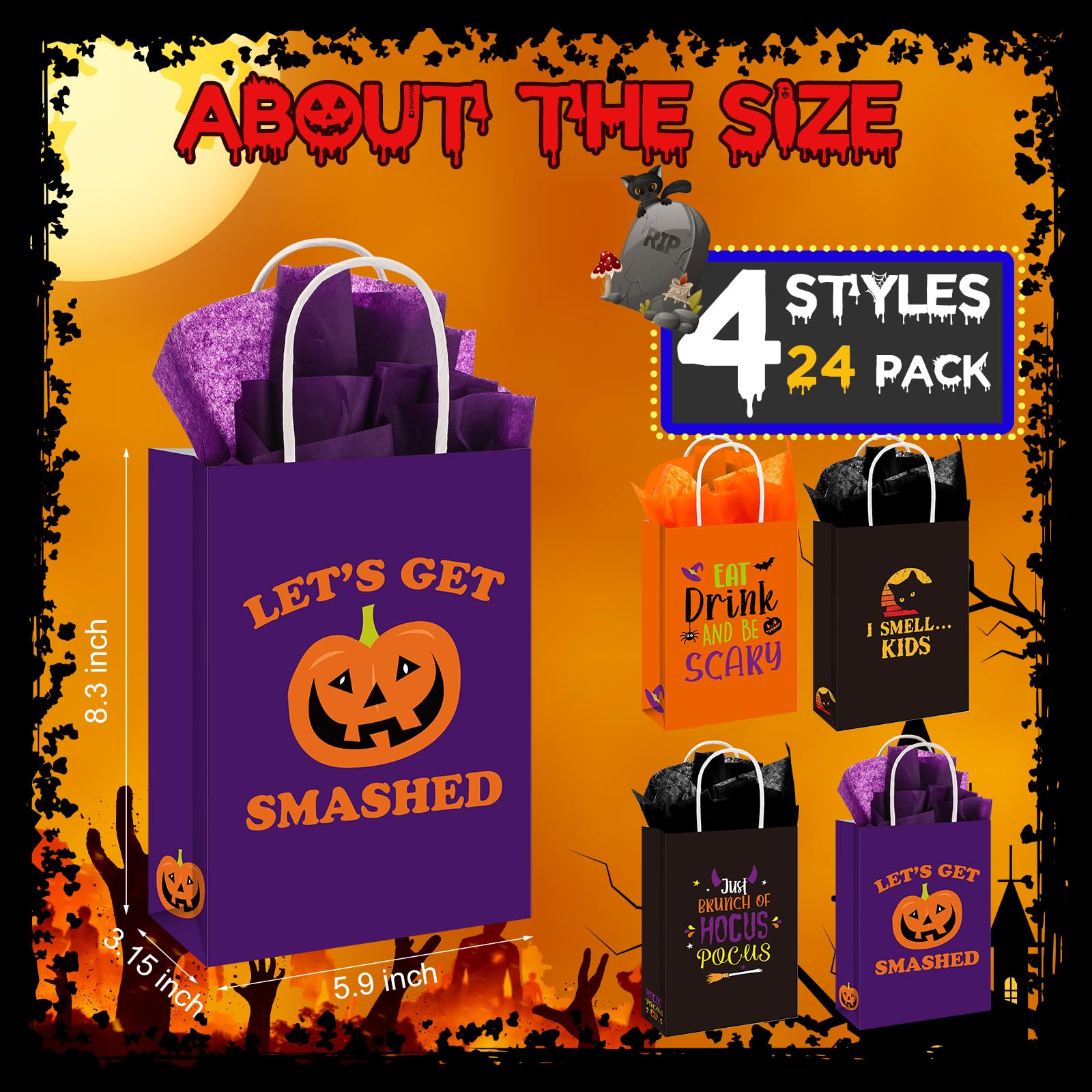 Silkfly Halloween Treat Bags with Tissues - 8.3'' Halloween Paper Gift Bags with Handles for Candy, Snacks & Party Favors - 4 Festive Designs - Perfect for Halloween Parties, Birthday Celebrations & Holiday Gift Wrapping