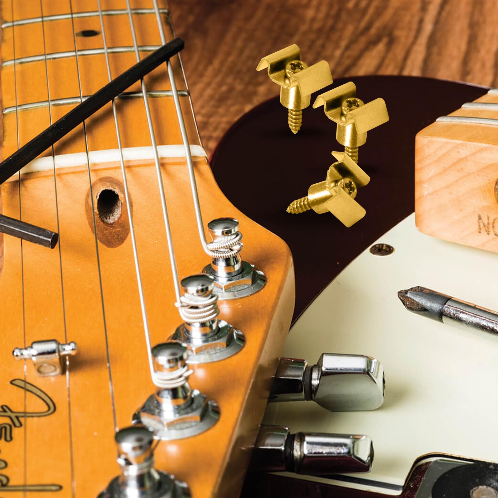 Hordion 4-Pack Gold Guitar String Trees & Retainers with Screws - Compatible with Fender Stratocaster Telecaster Bass - Premium Replacement Parts for Enhanced Tuning Stability - Perfect for Guitar Maintenance, Upgrades & DIY Repairs