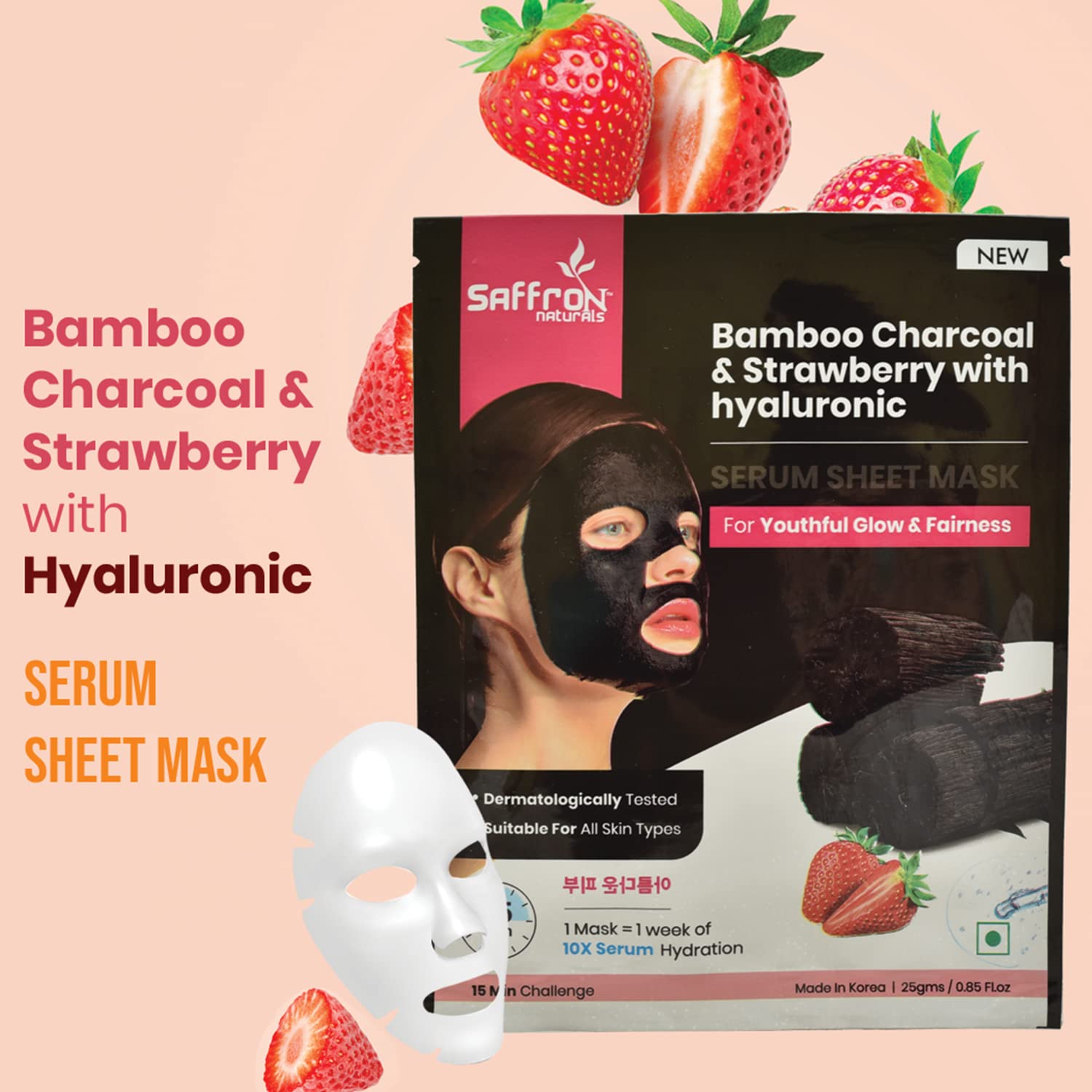 **Saffron Naturals Aloe Vera Green Tea, Bamboo Charcoal Strawberry, Honey Papaya & Ubtan Saffron Face Sheet Mask Set - 4 Pack (25g Each) for Hydration, Detox & Brightening - Perfect for Daily Skincare & Spa Nights**