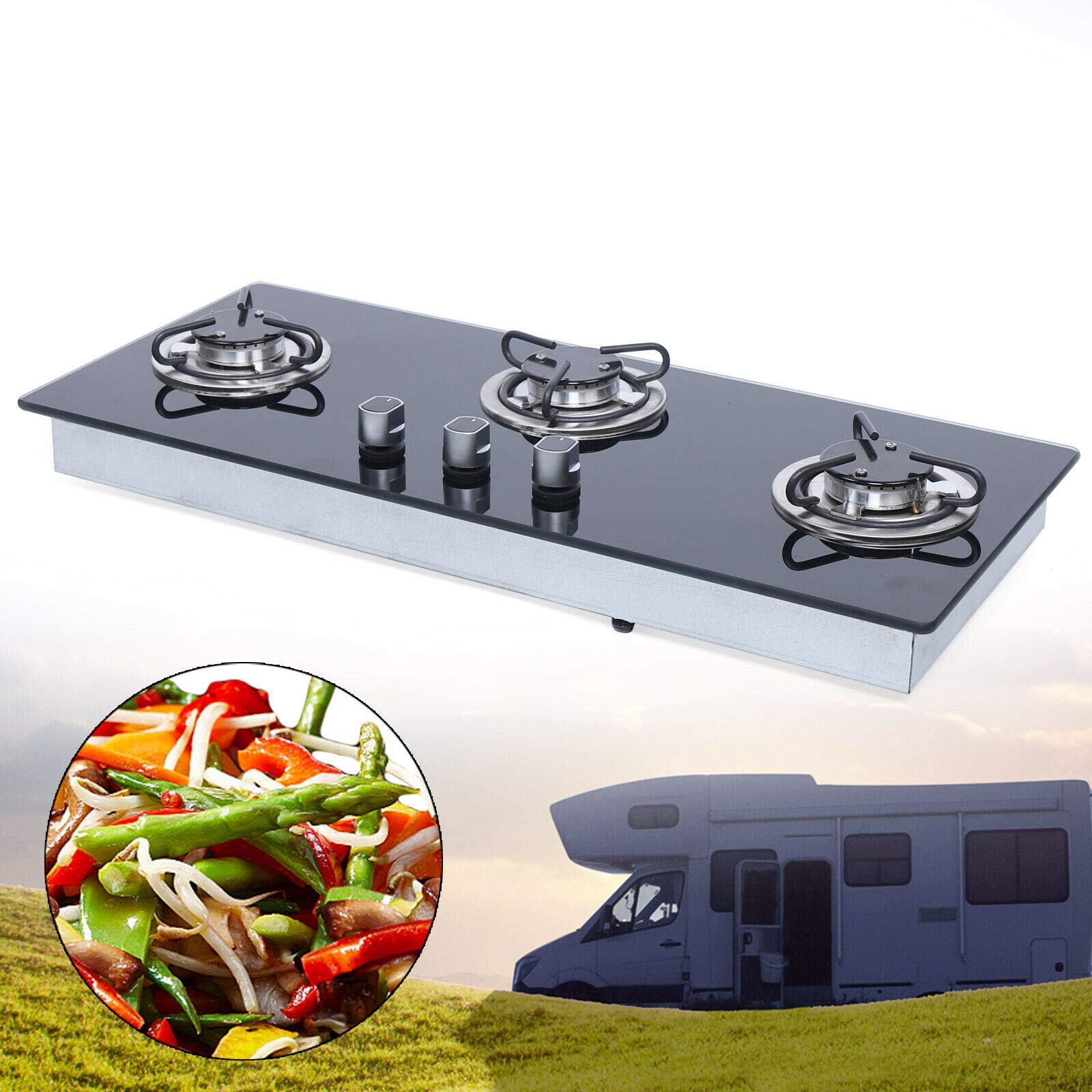 3 Burner Gas Cooktop with Tempered Glass - LPG Stove for RV, Camper, Boat & Apartment - Easy Clean & Durable - Perfect for Outdoor Cooking & Small Spaces
