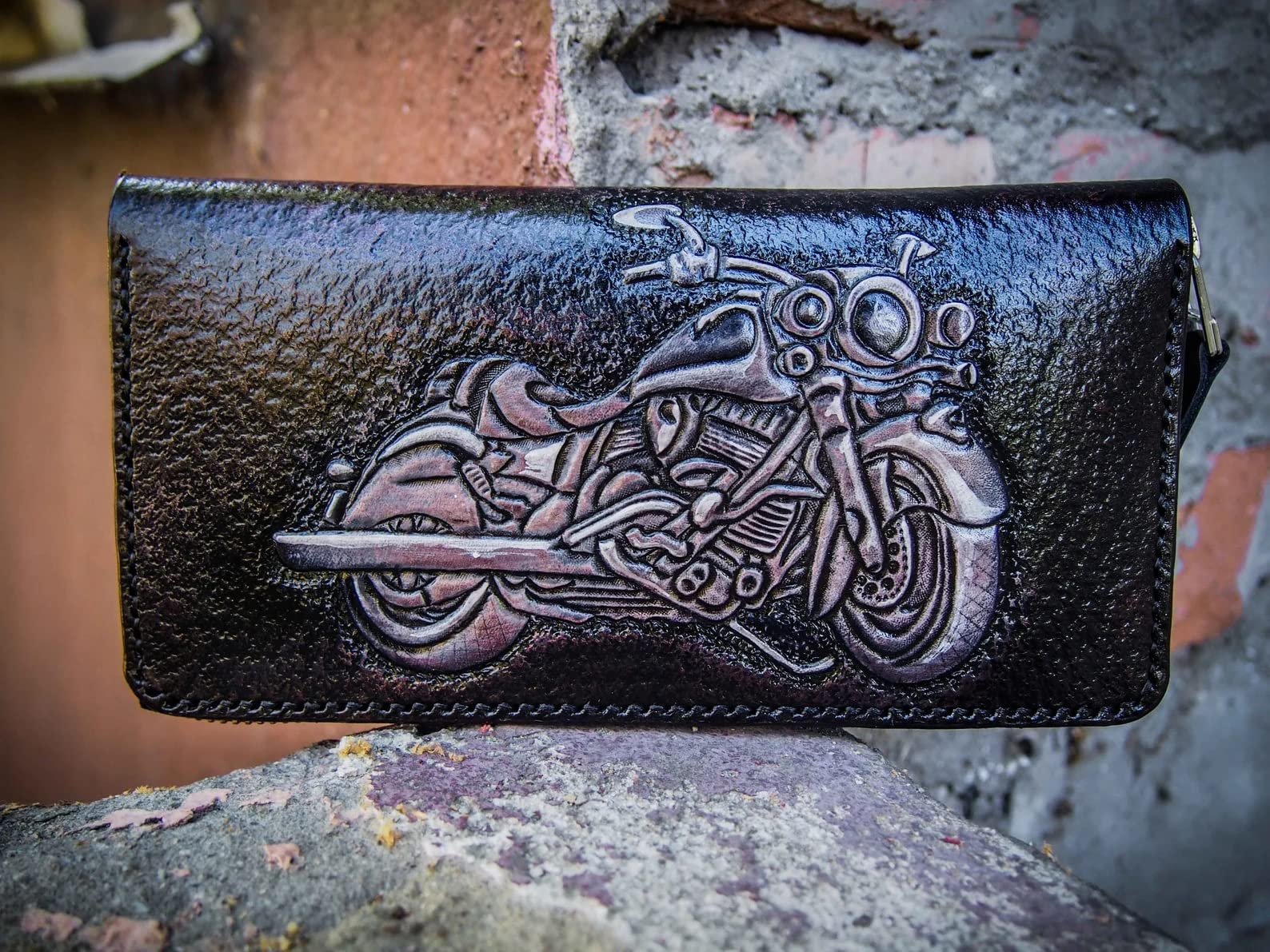 **Men's 3D Genuine Leather Biker Wallet with Zip Closure - Handmade Carved & Tooled Airbrush Art - Custom Personalized Motorcycle Wallet for Men - Perfect for Bikers, Riders & Gift Giving**
