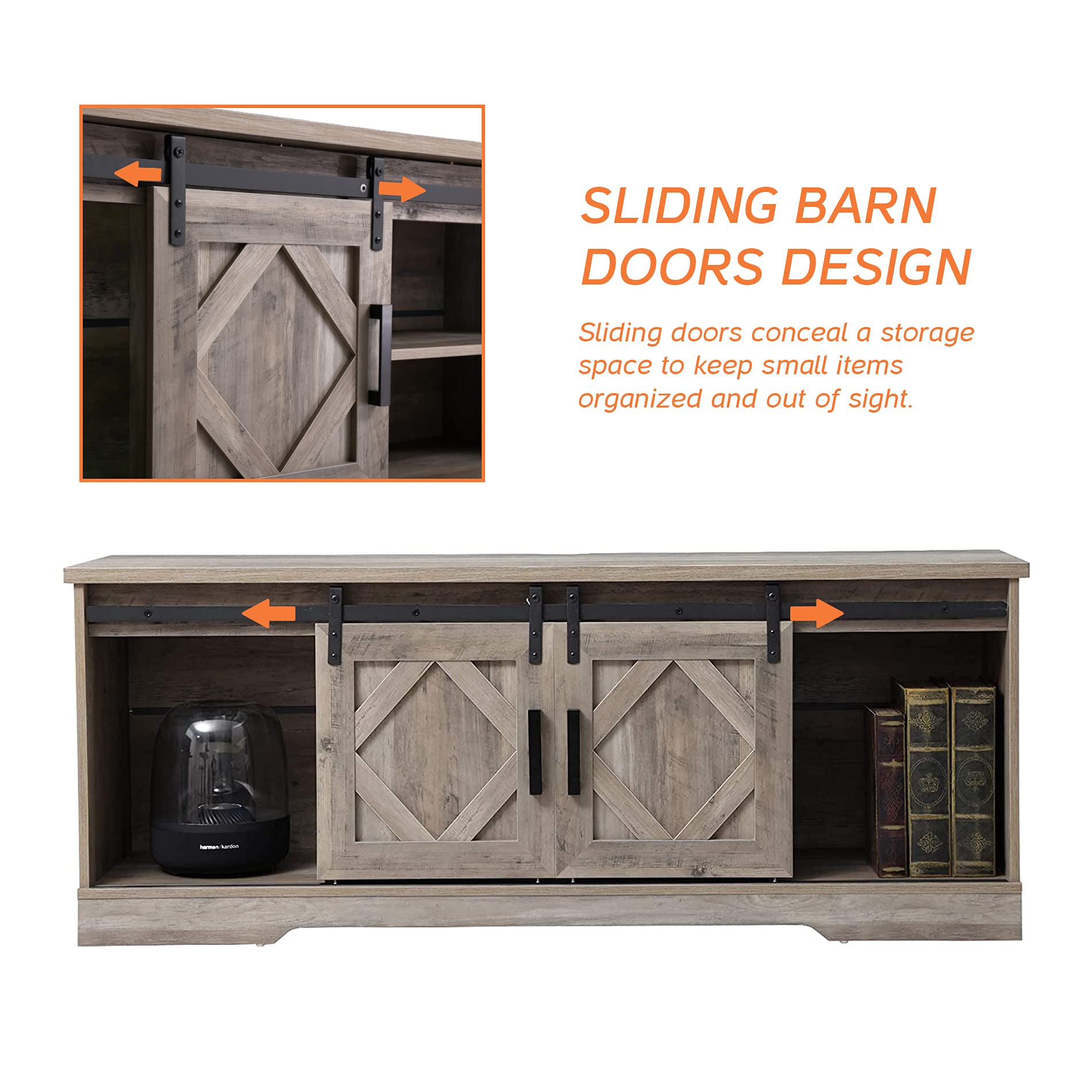 WAMPAT 65 Inch Farmhouse Sliding Barn Door TV Stand with Adjustable Shelves - Modern Wood Media Console Cabinet for Living Room, Bedroom - Wash Grey Finish - Perfect for Home Entertainment & Storage