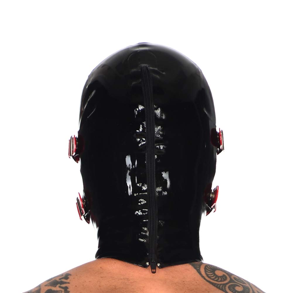 Latex Hood Mask with Detachable Eyes & Mouth Patch, Snap Closure, Ponytail Zipper for Cosplay, Halloween, BDSM, and Fetish Parties