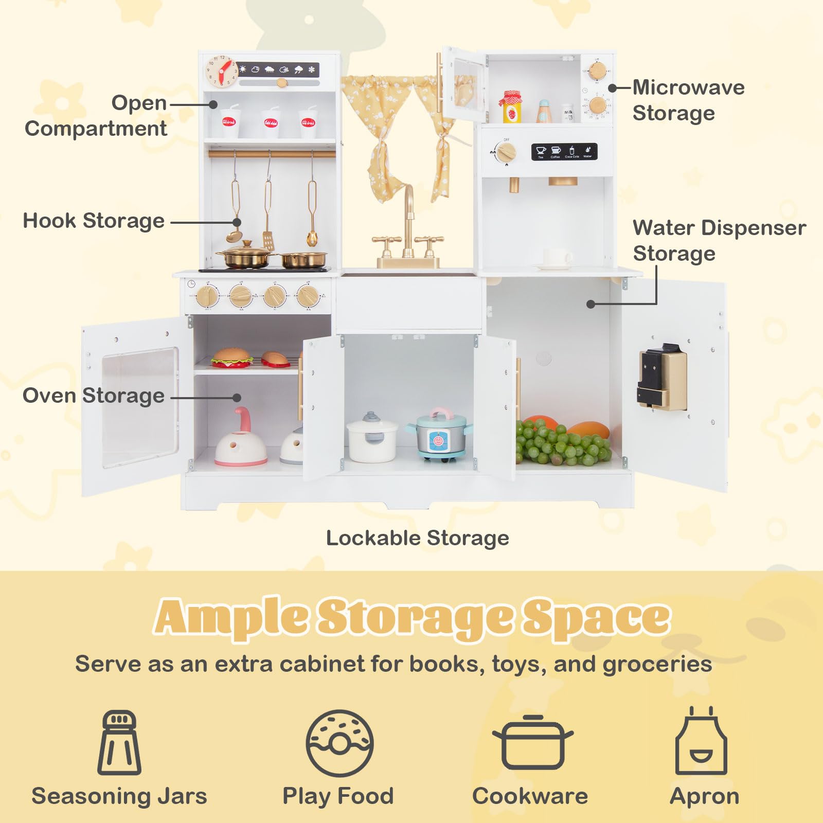 HONEY JOY Wooden Kids Kitchen Playset with Water Dispenser & Coffee Maker - Modern Pretend Play Kitchen for Toddlers with Lighted Stove & Curtains - Educational Toy Gift for Boys & Girls (White) - Perfect for Pretend Cooking, Role Play & Early Childhood Development