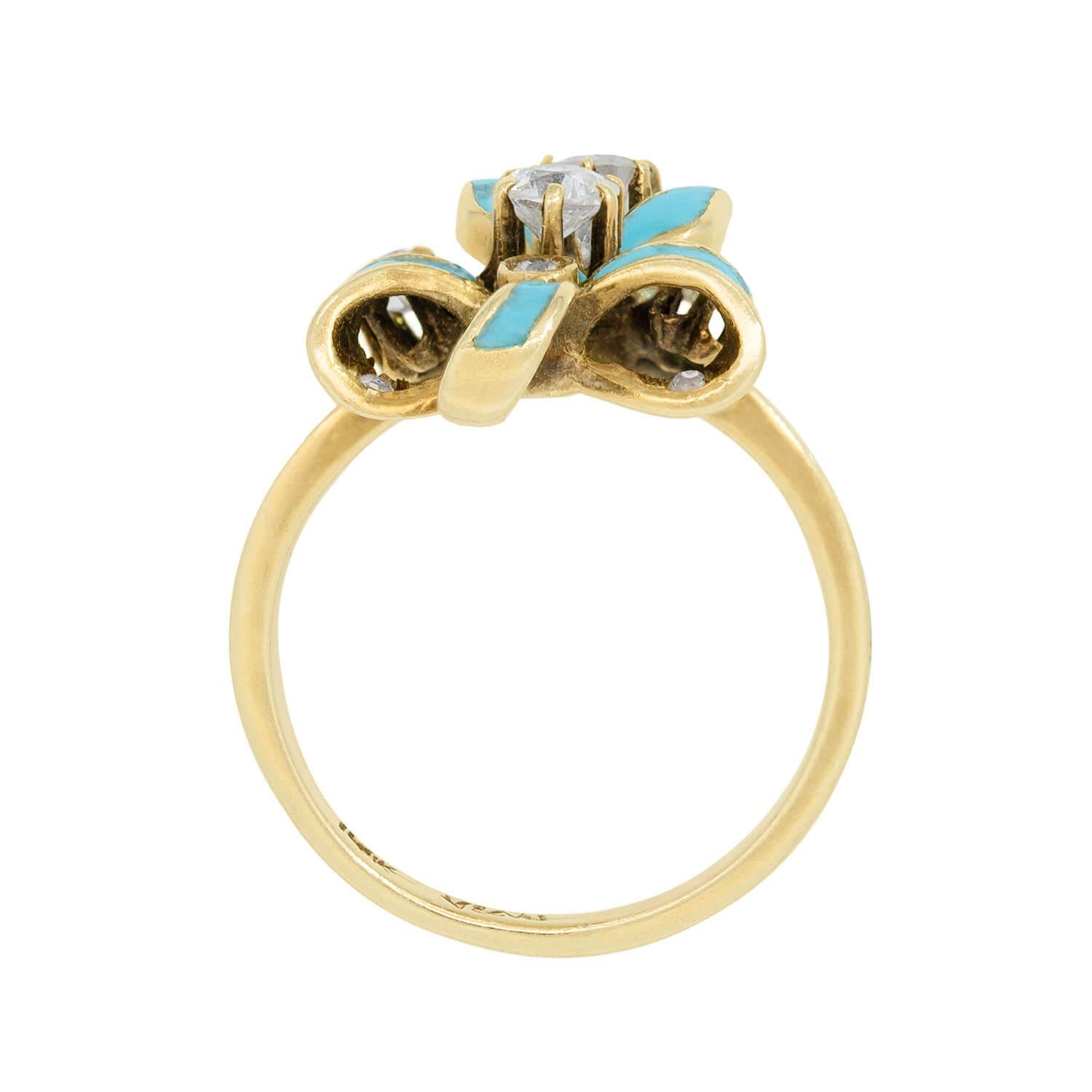 Victorian 14K Gold Diamond Blue Enamel Bow Ring - Elegant Antique Jewelry for Women, Perfect for Weddings, Anniversaries & Special Occasions
