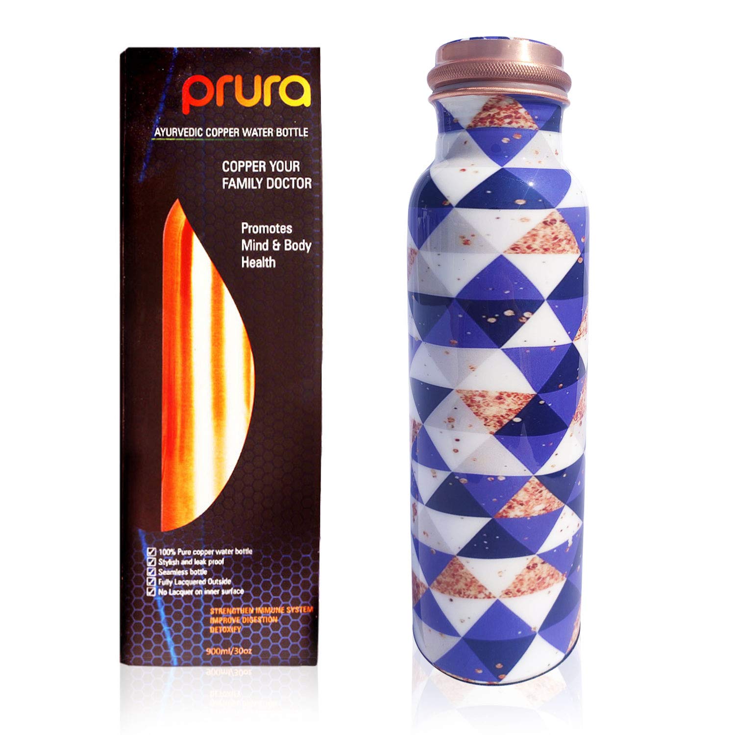 PRURA Pure Printed Copper Water Bottle - 30oz Leak Proof Ayurvedic Copper Vessel for Hydration, Sports, Gym & Outdoor Activities | Yoga Accessory & Health Benefits | Perfect for Workouts, Hiking & Daily Wellness Routine