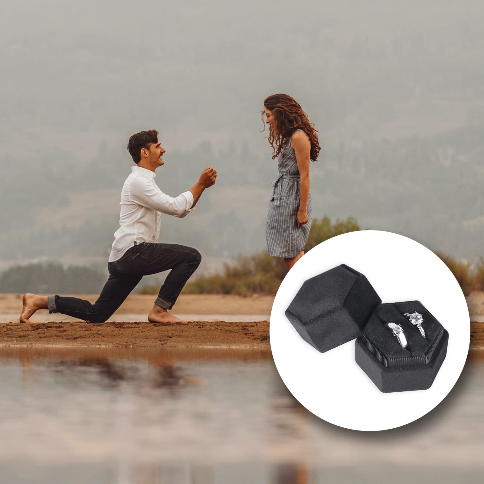 AIEX Velvet Hexagon Ring Box with Double Slots - Premium Jewelry Display Case for Engagement, Wedding & Valentine's Day Proposals - Holds 2 Rings (Black) - Perfect for Romantic Surprises & Wedding Ring Storage