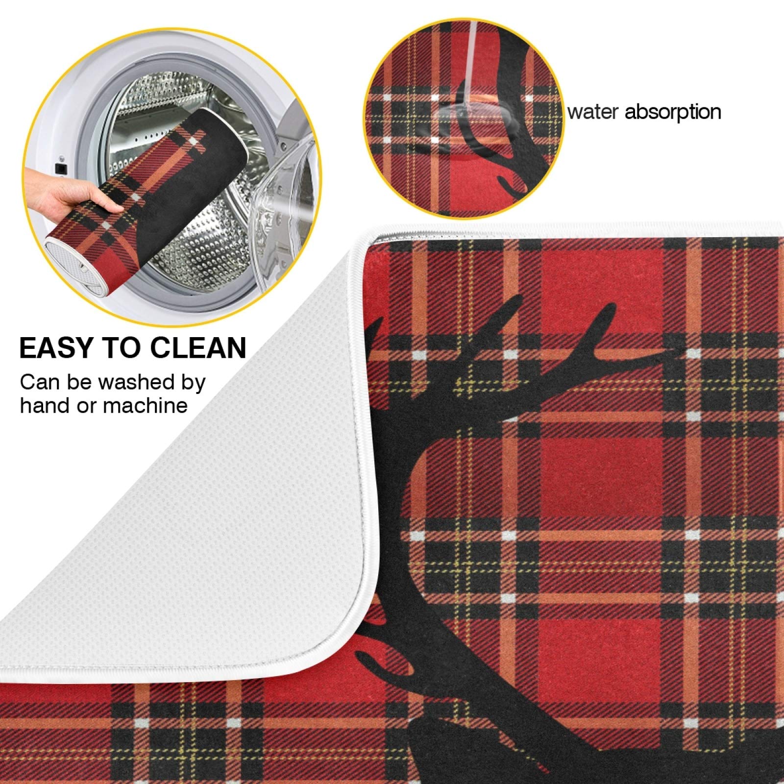 Deer Head Silhouette Kitchen Drying Mat 18x24 Inch - Absorbent Fast Drying Counter Mat with Red Plaid Design - Perfect for Dishes, Utensils & Counter Protection