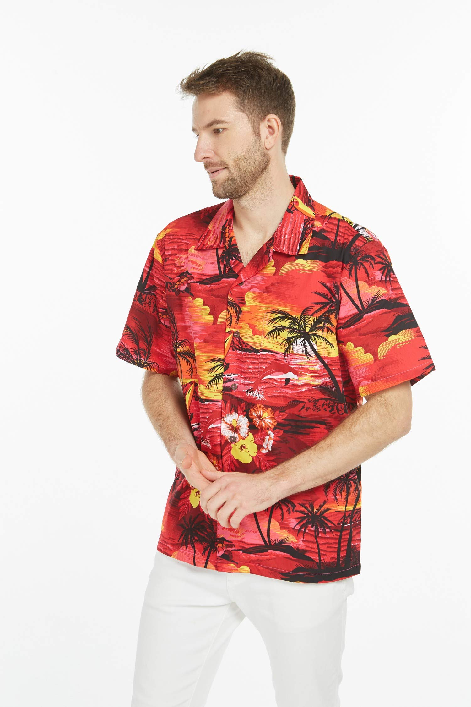 Hawaiian Luau Outfits for Family - Matching Aloha Shirts & Dresses in Sunset Red for Men, Women, Boys & Girls | Beach Party, Summer Vacation & Tropical Theme Events