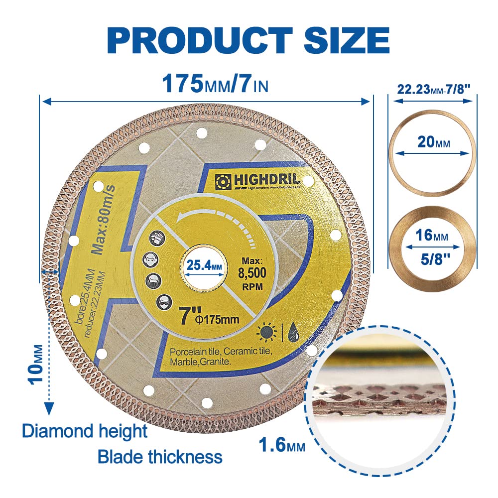 HIGHDRIL 7 Inch Diamond Saw Blade - 5 Pack Turbo X Mesh Diamond Tile Cutting Disc for Porcelain, Ceramic, Granite, Marble - Dry or Wet Use Circular Saw Blades for DIY Projects, Home Renovation & Professional Construction