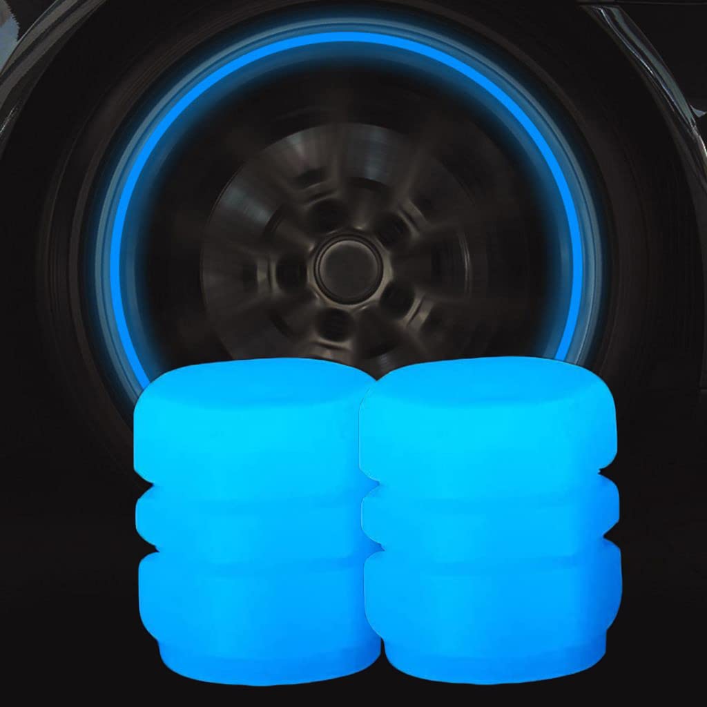 Glow in Dark Tire Valve Caps - Universal for Car, Truck, SUV & Bike (Blue, 2 Pack) - Night Riding Safety Accessories
