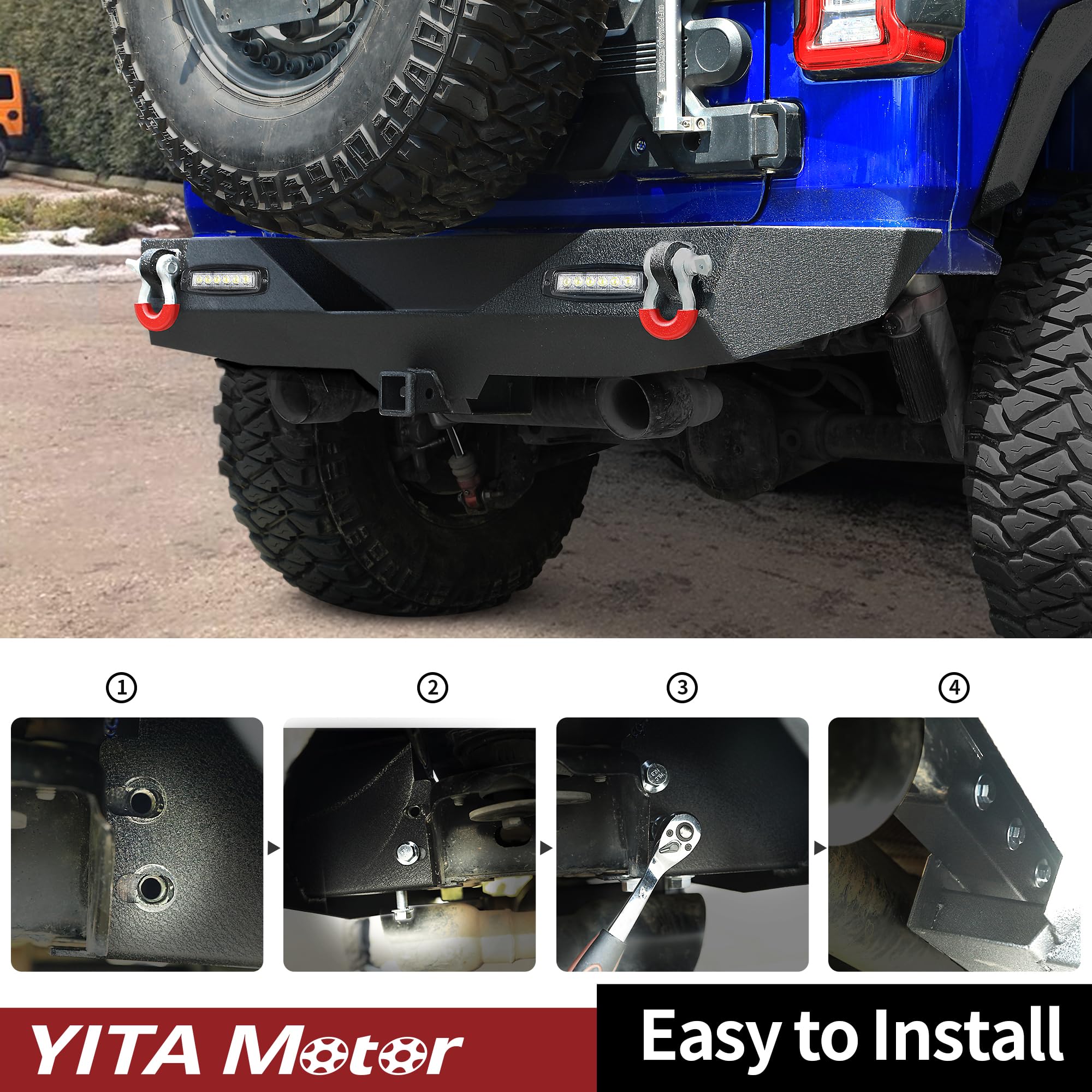 YITAMOTOR Black Rear Bumper with LED Lights, Hitch Receiver & D-Rings for 2018-2025 Jeep Wrangler JL & Unlimited | Off-Road Protection & Towing Accessories