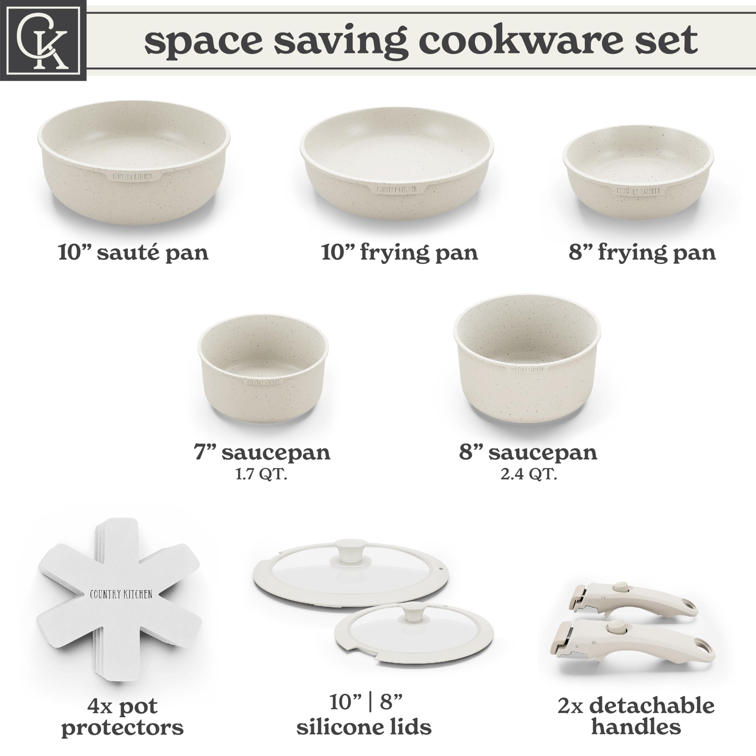 Country Kitchen Cookware Set with Removable Handle - Oven & RV Safe Nonstick Pots and Pans Set in Cream Color | Perfect for Camping, RV Trips & Small Space Cooking