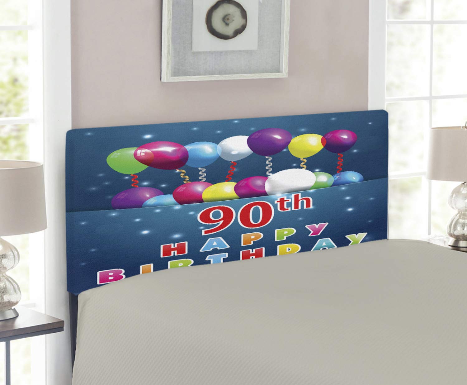 Ambesonne 90th Birthday Headboard - Decorative Upholstered Metal Bed Frame with Memory Foam | Twin Size Multicolor Design | Balloons & Swirls Celebration Theme | Perfect for Birthday Surprise Parties & Bedroom Decor