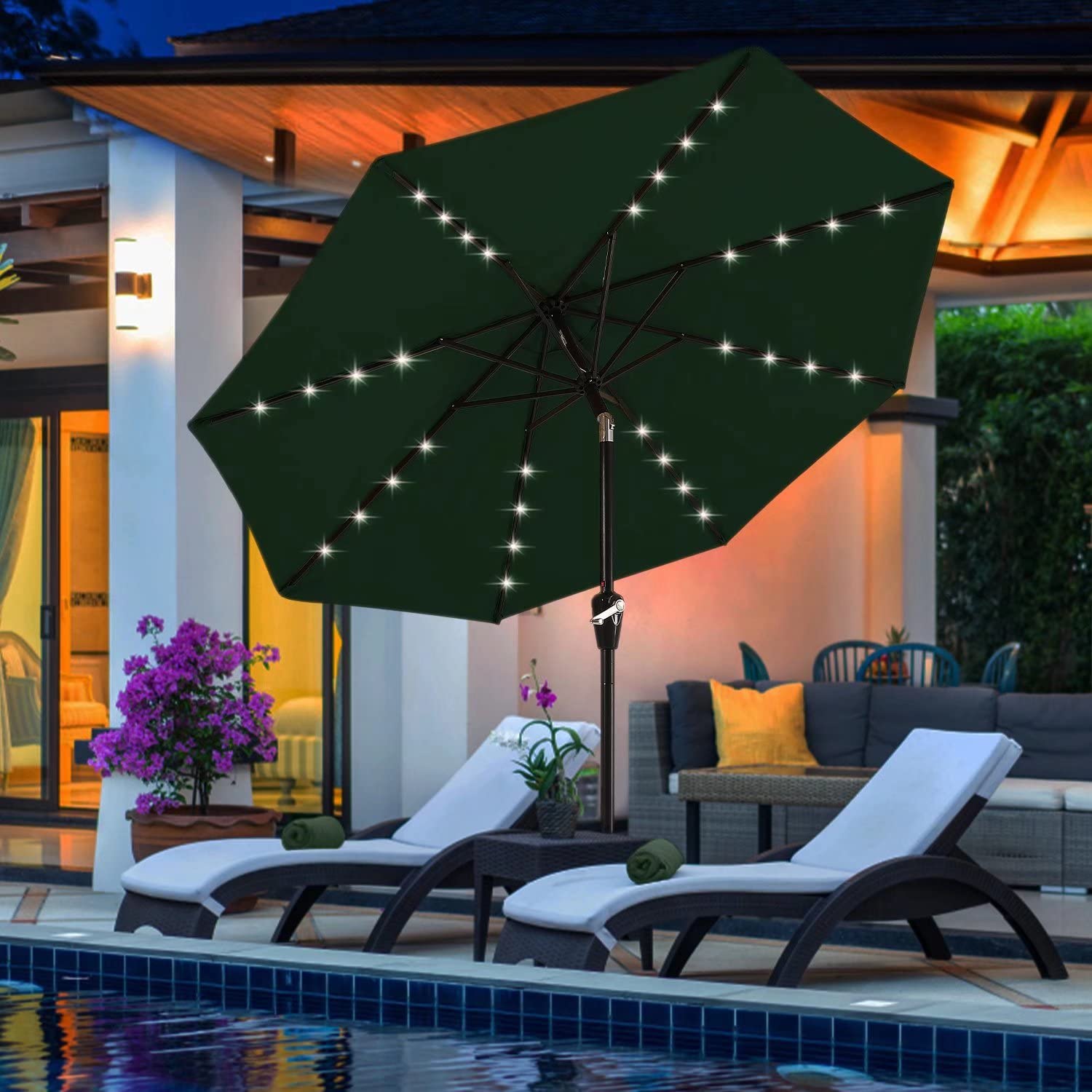 Durable 9FT Solar LED Patio Umbrella with 32 Lights - Waterproof Outdoor Canopy for Garden, Poolside & Backyard (Forest Green) | Perfect for Patio Furniture, Deck & Outdoor Dining