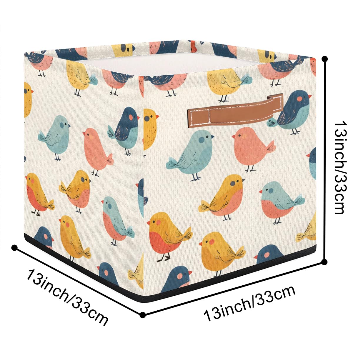 13 Inch Collapsible Birds Storage Basket with Leather Handle - Foldable Storage Bin Organizer for Closet, Shelves & Home Decor (Beige) - Perfect for Bedroom, Nursery & Bathroom Organization