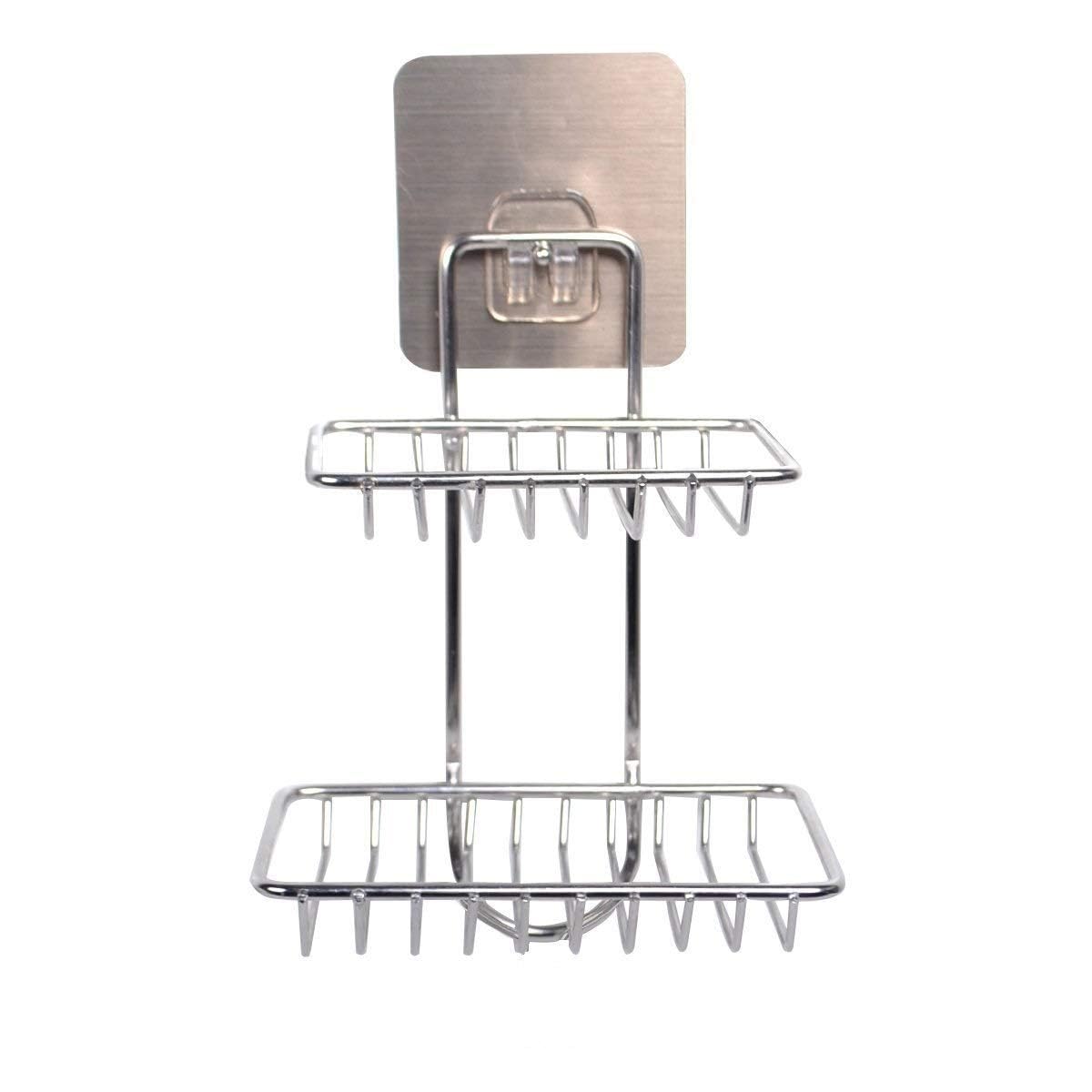 ORJILO Stainless Steel Wall Mounted Double Layer Soap Dish Holder - Rustproof Bathroom & Kitchen Soap Storage Rack with Self-Adhesive Stickers for Shower, Sink, Countertop Organization (Silver)