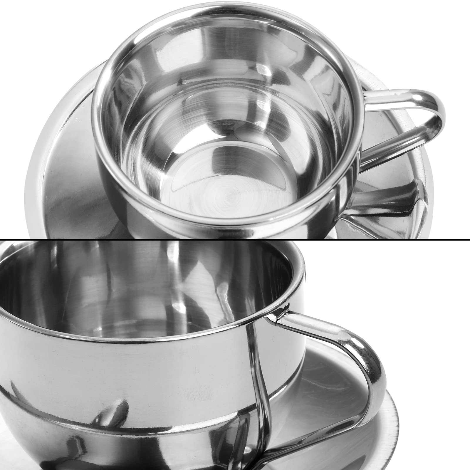 Okllen 4 Pack Stainless Steel Coffee Cup Set - 6 Oz Double Walled Espresso Mugs with Spoon & Saucer for Coffee, Latte, Tea, Milk - Perfect for Home, Office & Outdoor Use