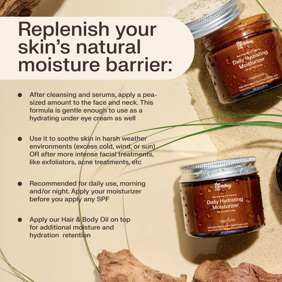 The Earthling Co. Daily Hydrating Moisturizer - Natural Face Cream for Dry, Oily & Sensitive Skin - AM & PM Moisturizing with Hyaluronic Acid, Non-Comedogenic, Fragrance-Free (2.0 fl oz) | Perfect for Daily Skincare Routine, Travel & On-the-Go Hydration