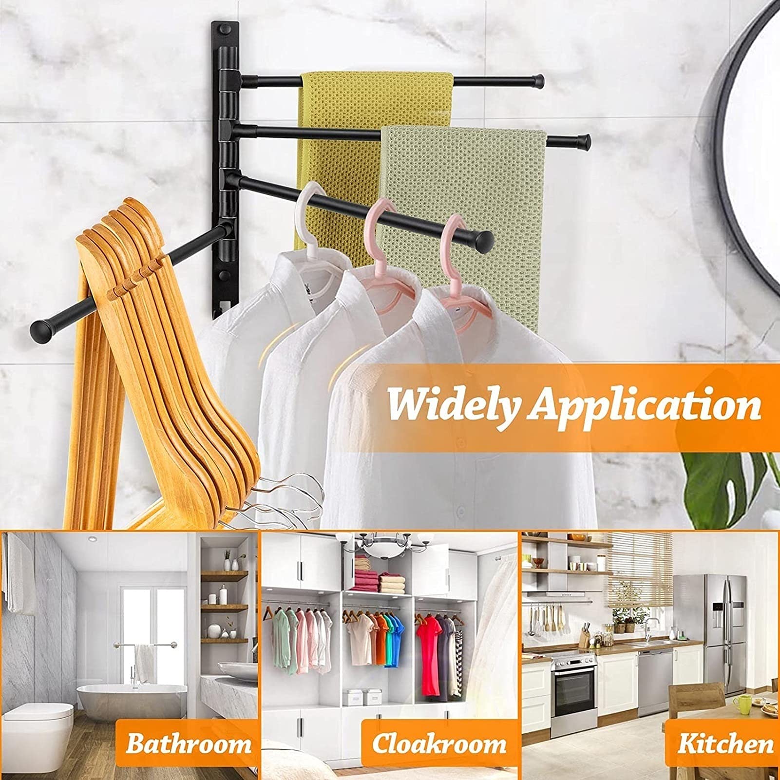 DCFV Wall-Mounted Swivel Towel Rack with Shelf - 5 Arms Space Saving Bathroom Organizer for Towels, Robes & Kitchen Linens - Perfect for Bathroom, Poolside, Spa & Laundry Room Storage