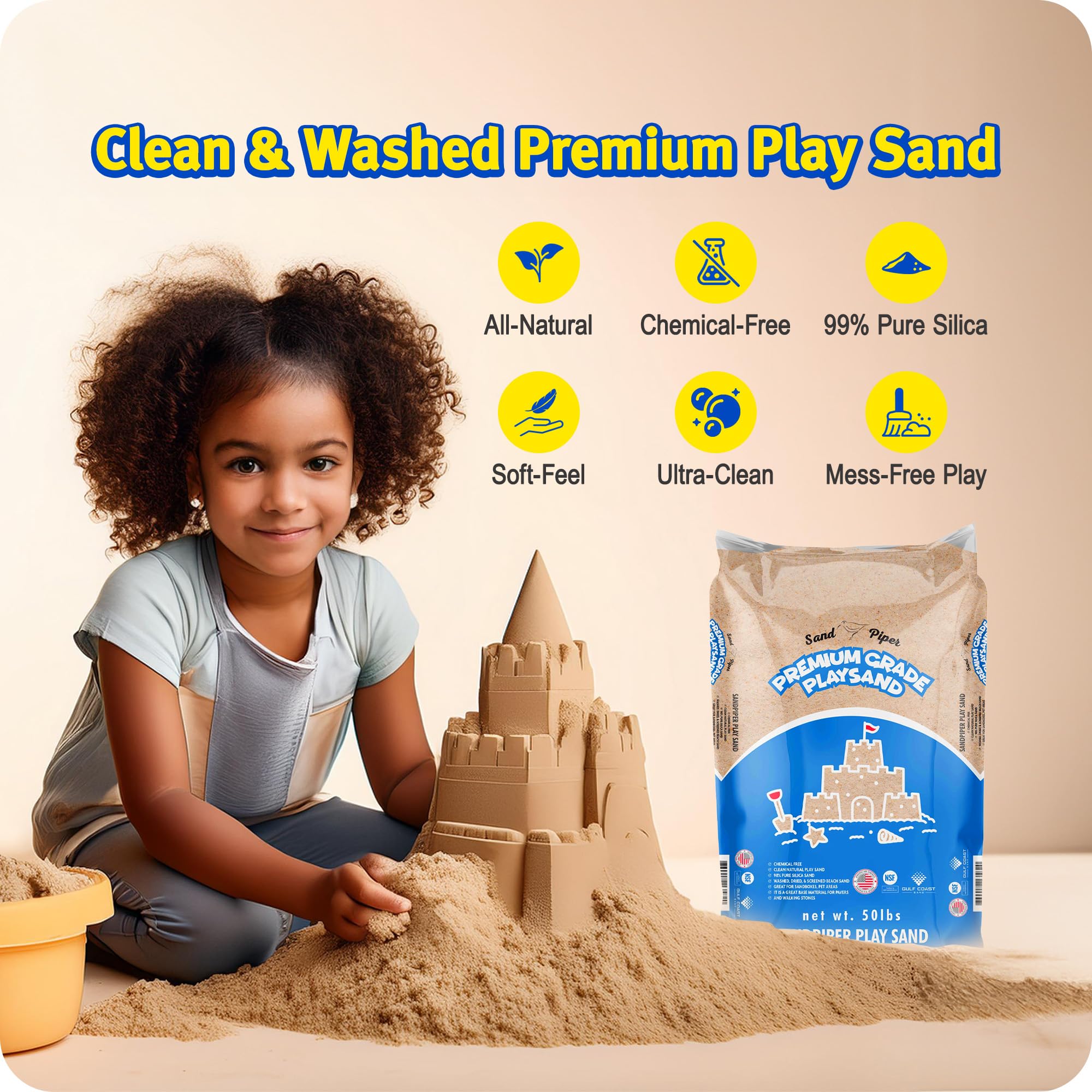 OptiFlow Sandpiper 50lb Premium Play Sand - Non-Toxic, Chemical-Free for Kids Sandbox, Pet Areas, Pavers & Landscaping - Safe for Children & Pets - 3 Pack - Perfect for Outdoor Play & DIY Projects