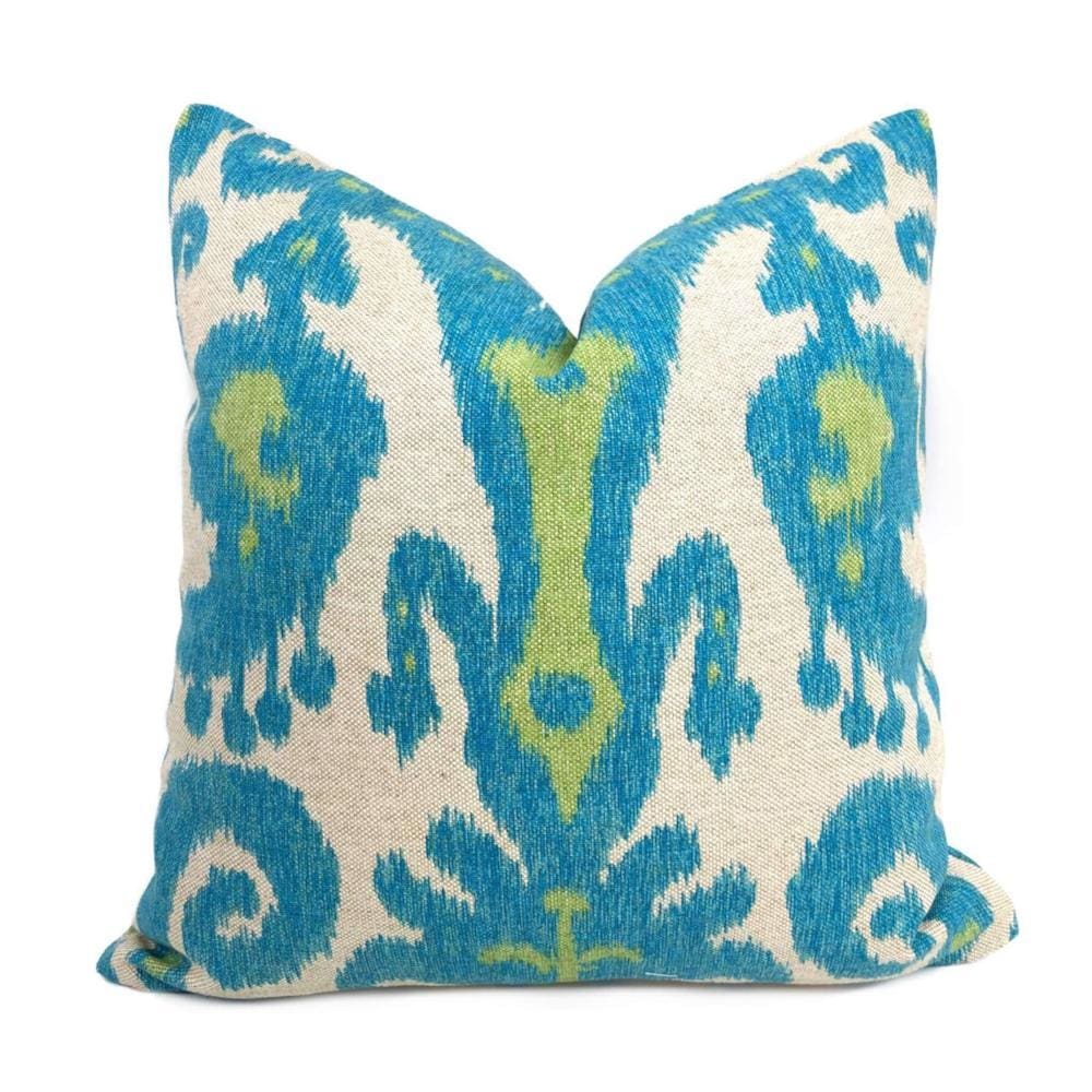 Casbah Blue Green Beige Ethnic Ikat Pillow Cover - Handmade Bohemian Decorative Throw Pillow Case - Perfect for Living Room, Bedroom & Home Decor