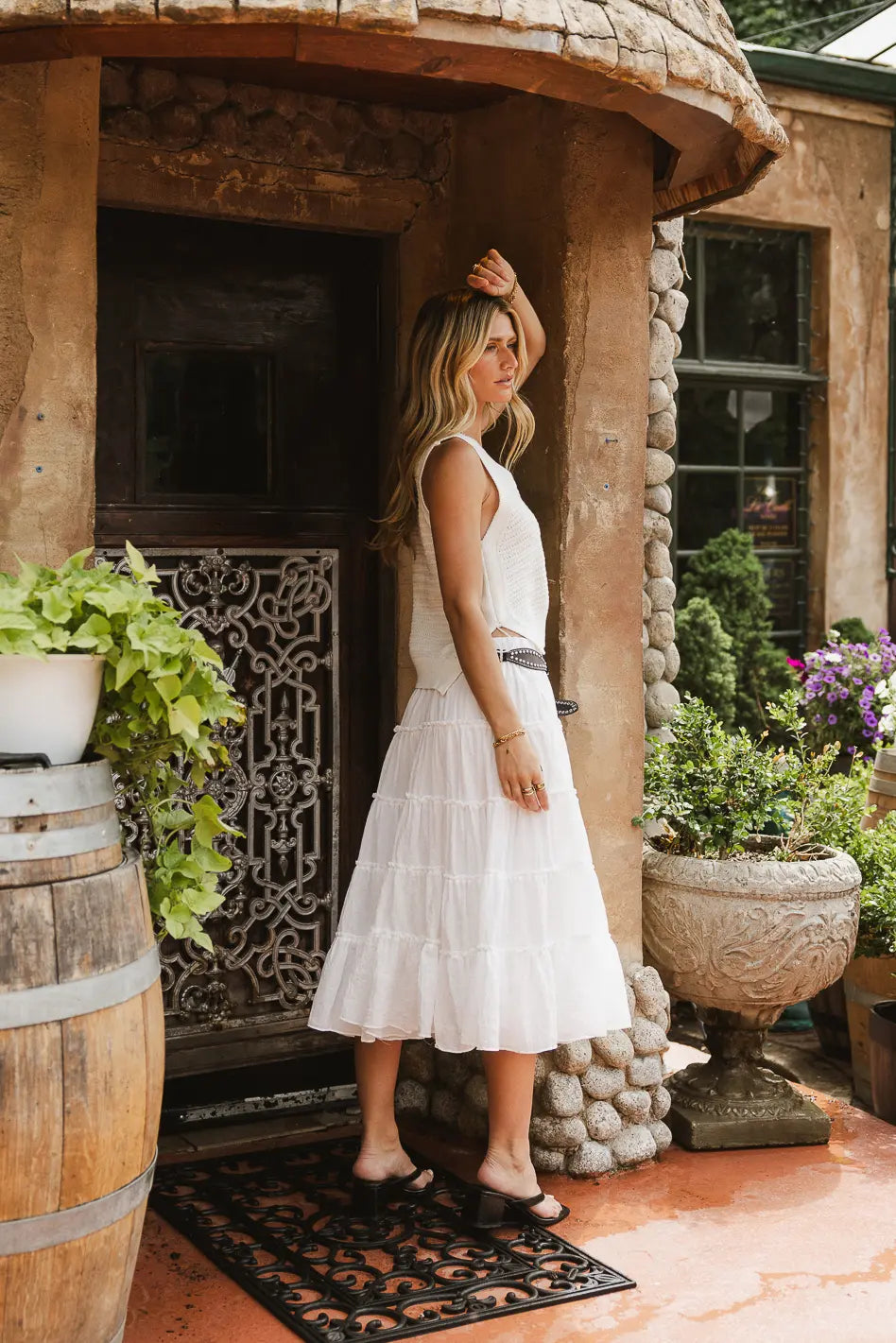 Minerva Tiered Midi Skirt in White | Flowy Summer Skirt for Women | Perfect for Beach Vacations, Date Nights & Casual Outings