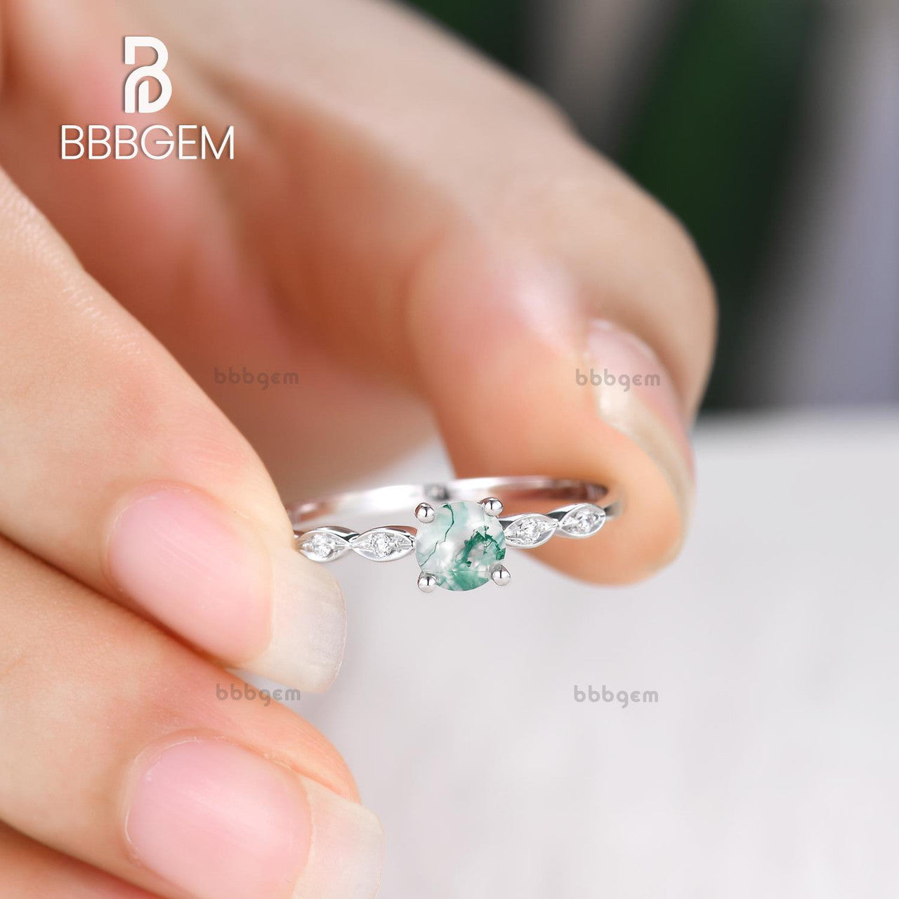 Natural Moss Agate Ring for Women - Rose Gold Diamond Wedding Band, Bridal Jewelry, Engagement Ring - Perfect for Weddings, Anniversaries & Special Occasions