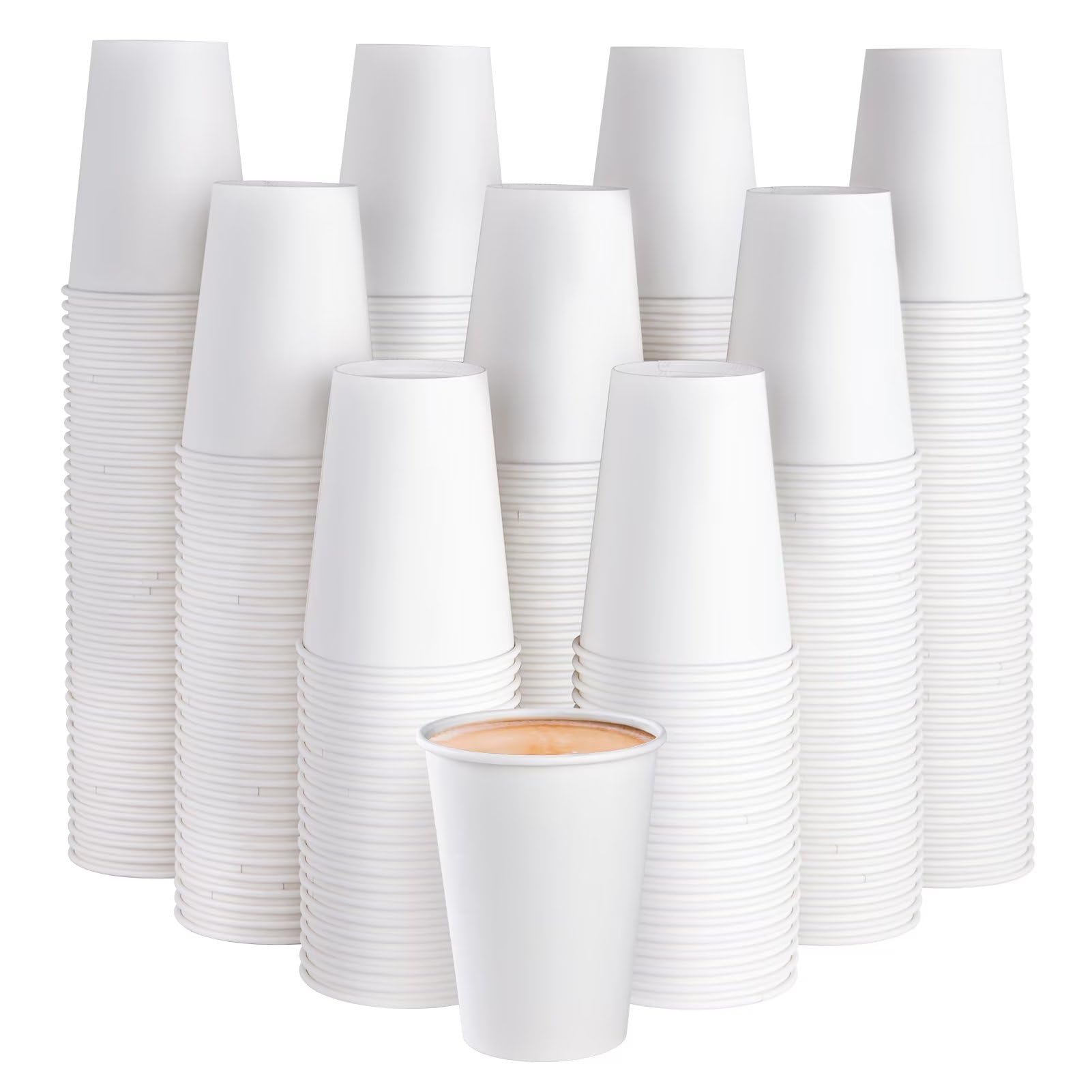 JOLLY PARTY 300 Pack 12 oz Disposable Paper Coffee Cups - Eco-Friendly Hot & Cold Beverage Drinking Cups for Coffee, Tea, Water - Bulk White Paper Cups for Office, Cafes, Parties & Events