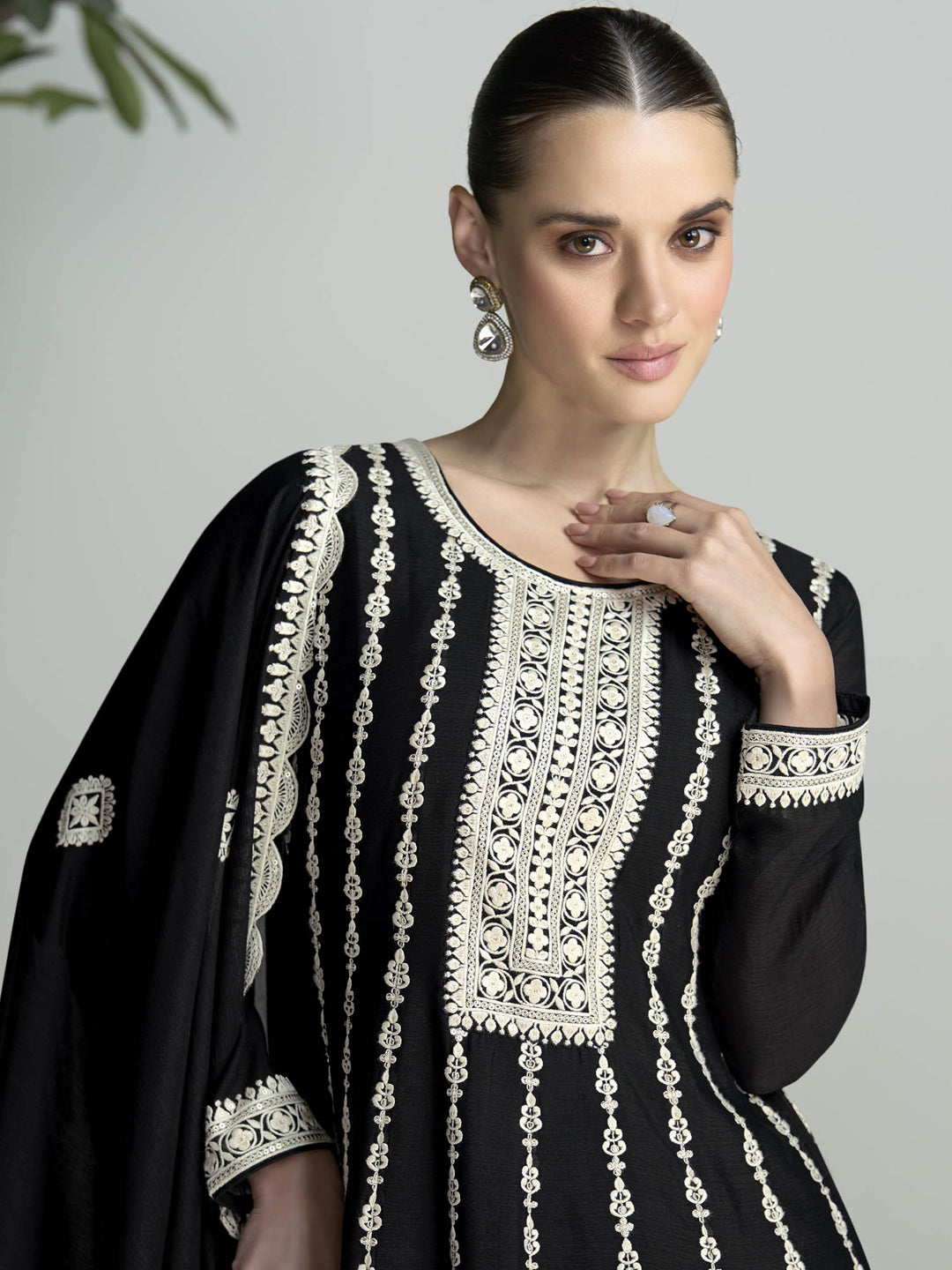Elegant Black Designer Chinon Silk Sharara Suit with Intricate Embroidery - Perfect for Weddings, Parties & Special Occasions