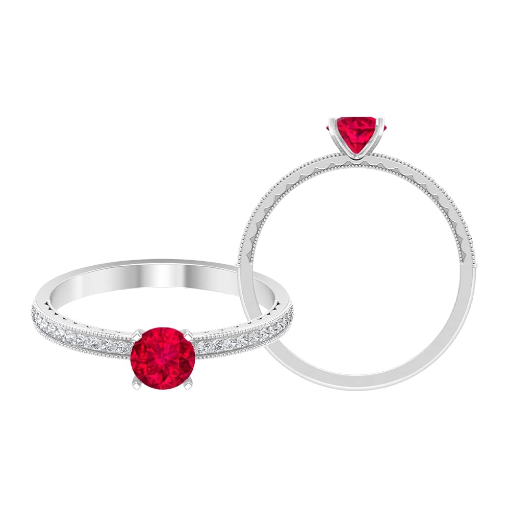 3/4 CT Ruby and Diamond Engagement Ring - 14K Solid Gold Milgrain Band with Side Stones | Perfect for Proposals, Anniversaries & Special Occasions
