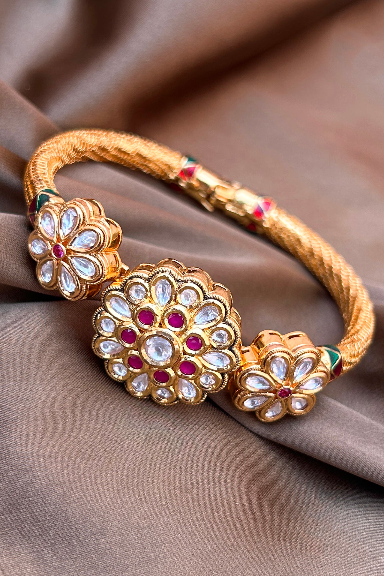 Elegant Designer Gold Plated Royal Kundan & Ruby Openable Bracelet (D186) - Perfect for Weddings, Parties & Special Occasions