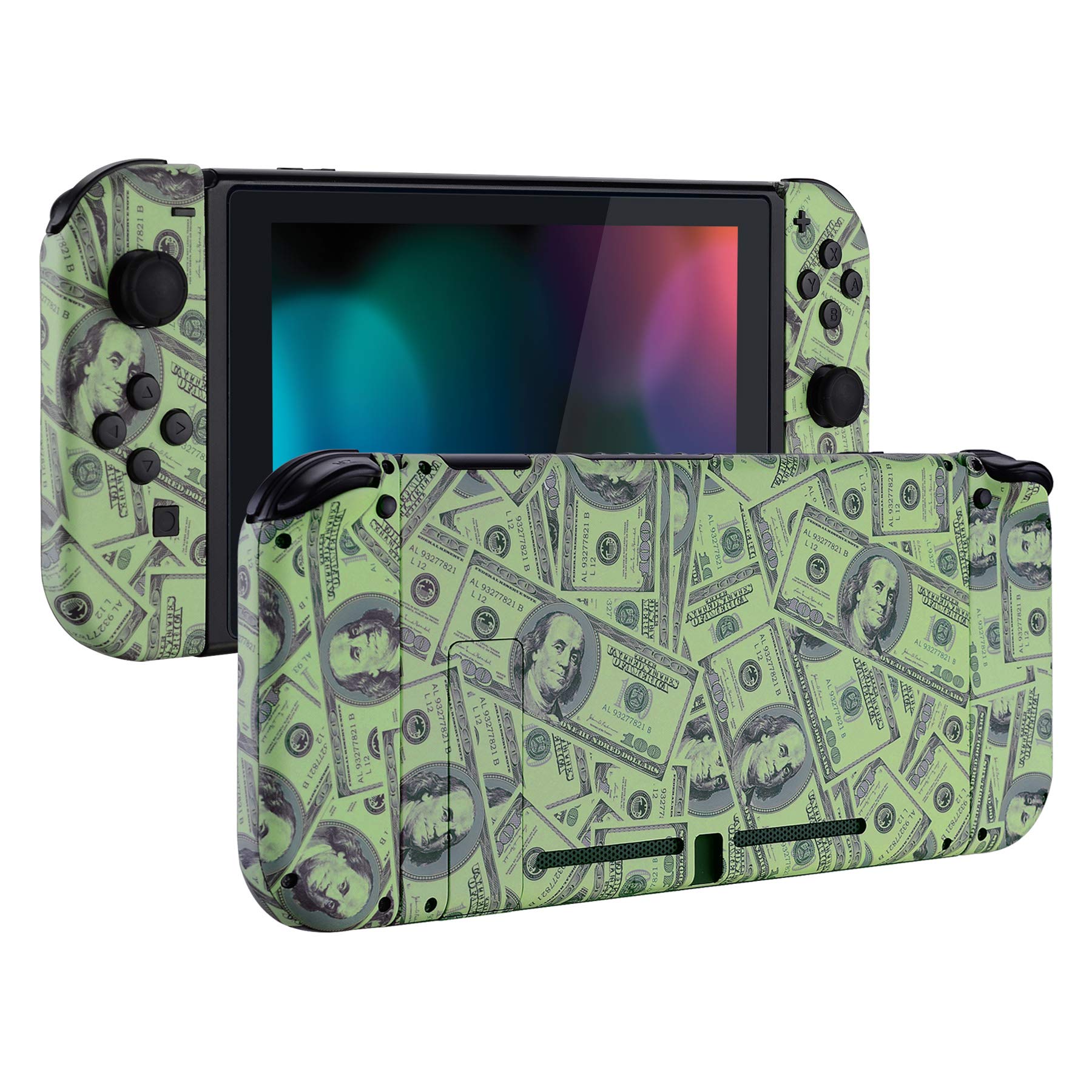 eXtremeRate Soft Touch Grip Back Plate & Full Button Set for Nintendo Switch Console & Joycon Controllers - DIY Replacement Shell with $100 Cash Money Design - Perfect for Gaming, Travel & Home Entertainment