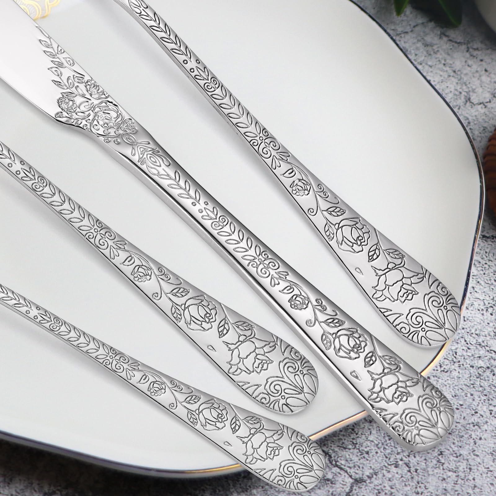 Floral Silverware Set - 6 Stainless Steel Flatware with Engraved Rose Design, 30-Piece Cutlery Set for Restaurant & Home Kitchen | Elegant Dining Utensils for Weddings, Parties & Daily Use